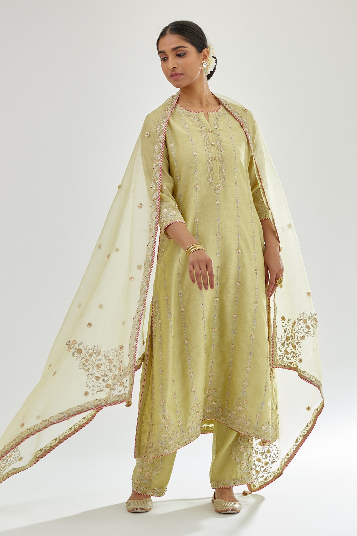 Buy Green Kurta And Pant Silk Chanderi Embroidery Zari Round Dori Set