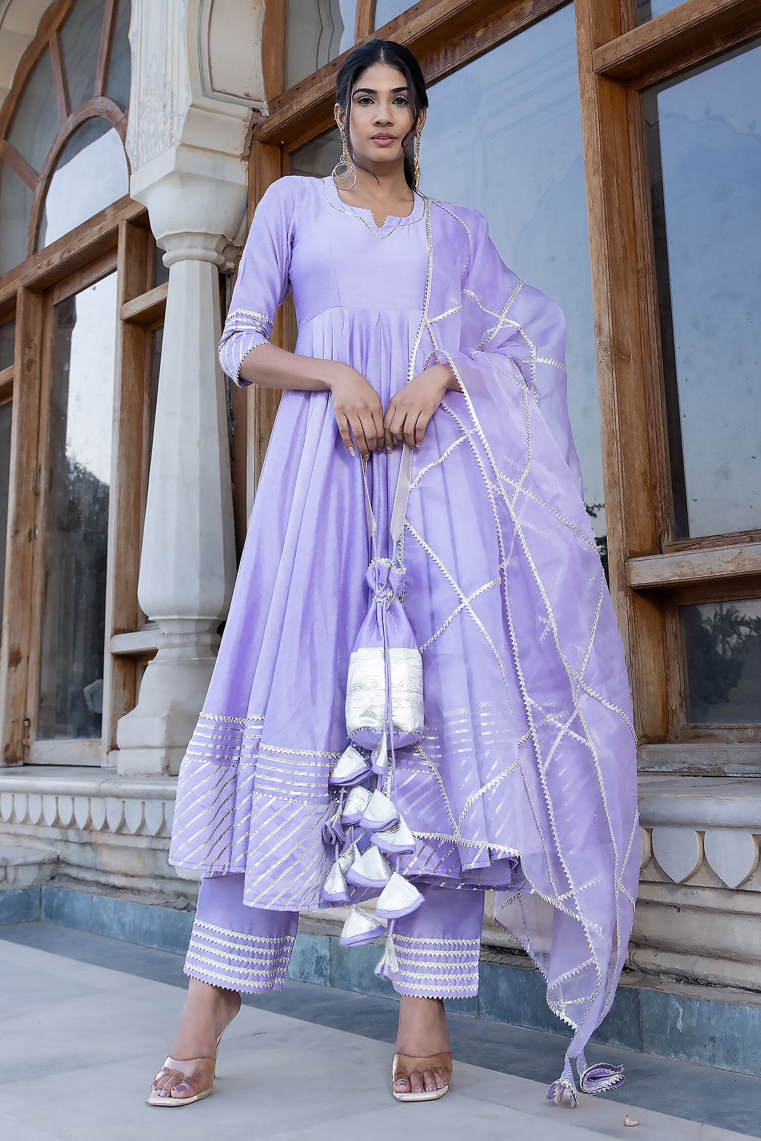 Buy Purple Cotton Silk Embroidered Gota Notched Anarkali Pant Set For