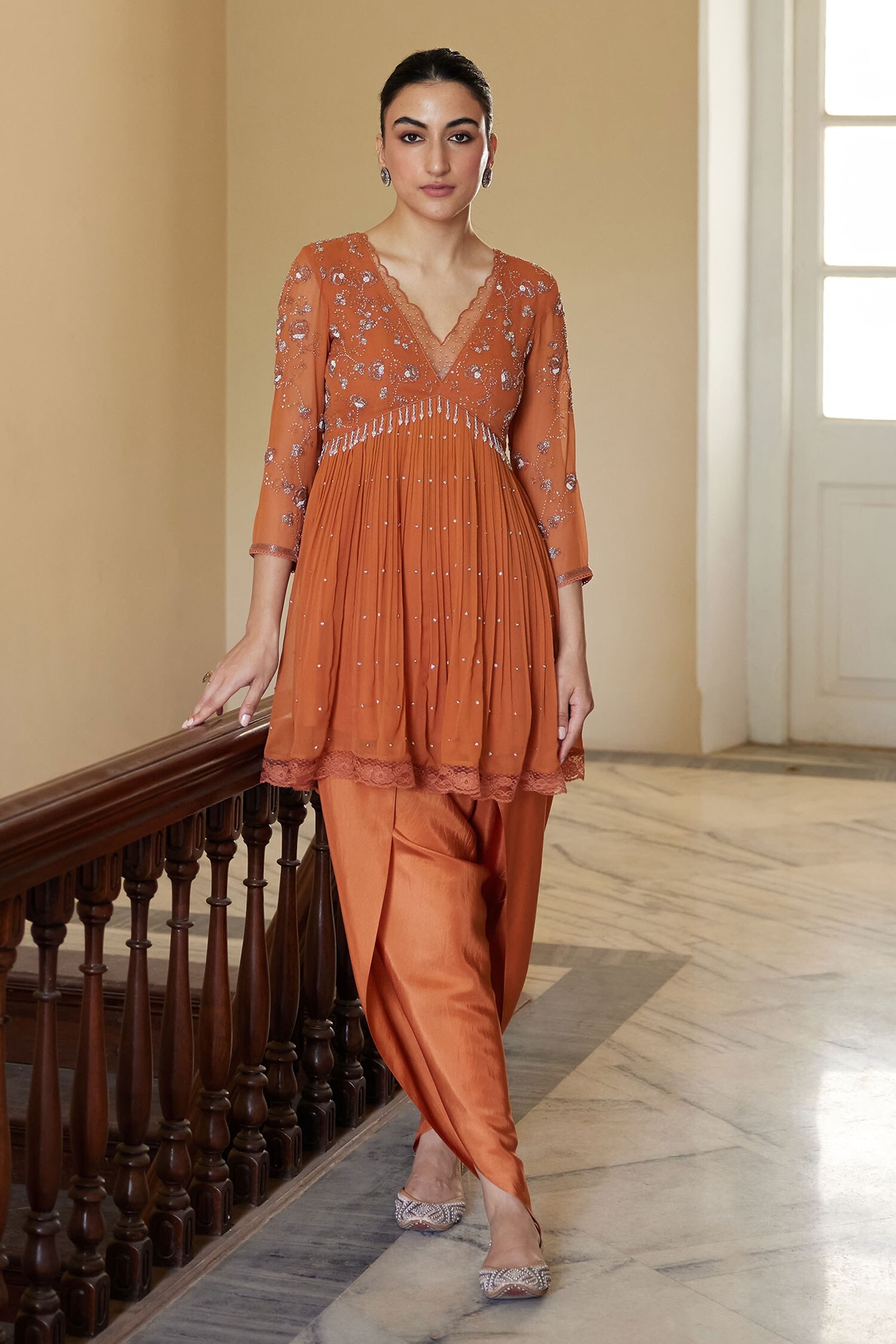 Buy Orange Kurta Chanderi Hand Embroidered Salli V Neck Peplum And