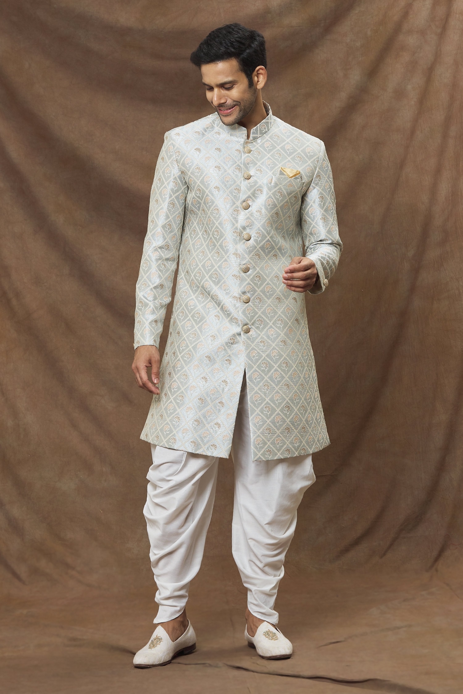 Buy Grey Jaquard Woven Floral Patterned Sherwani Set For Men By Arihant