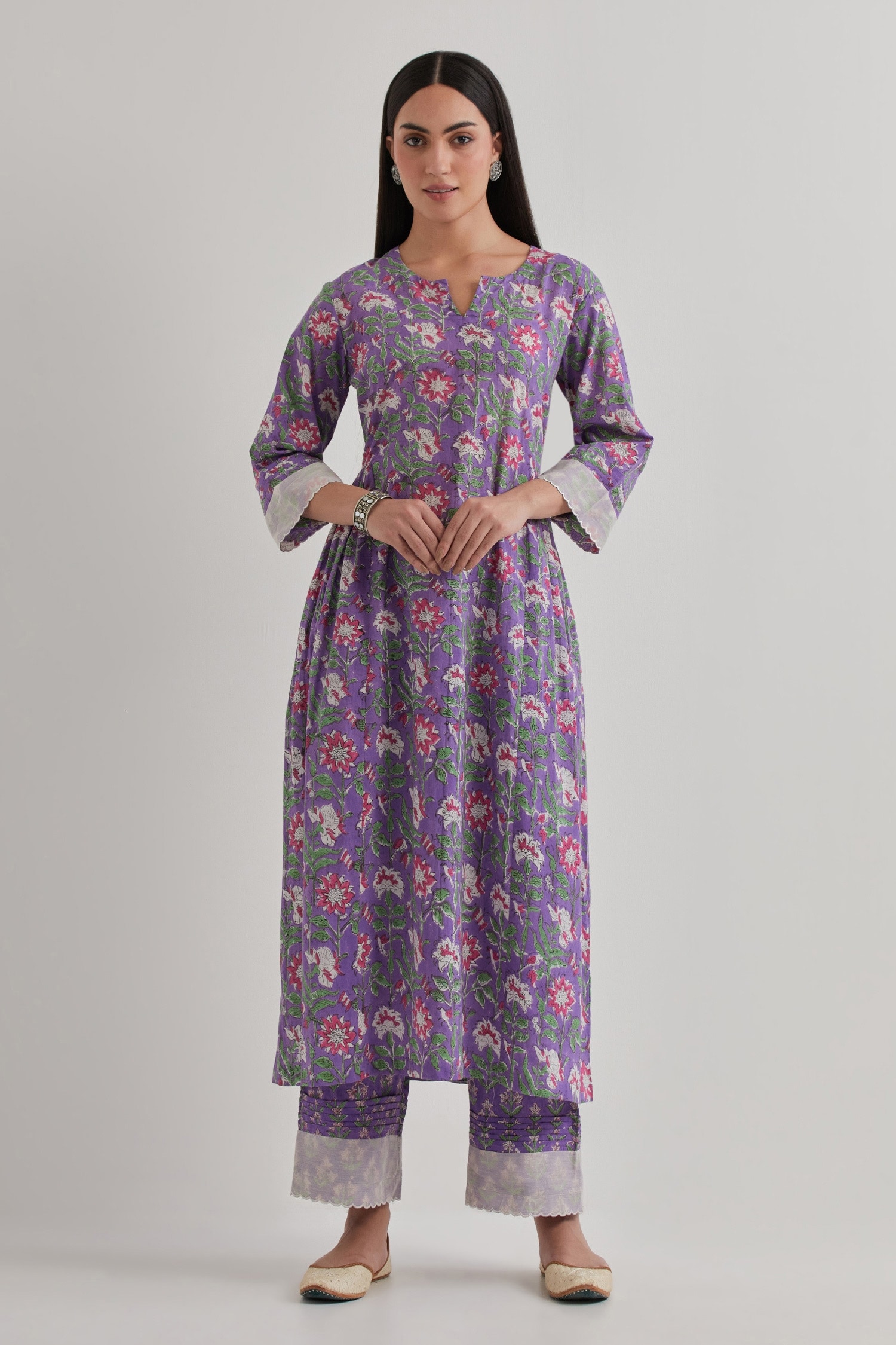 Buy Purple Cotton Printed Floral Notched Kurta And Pant Set For Women