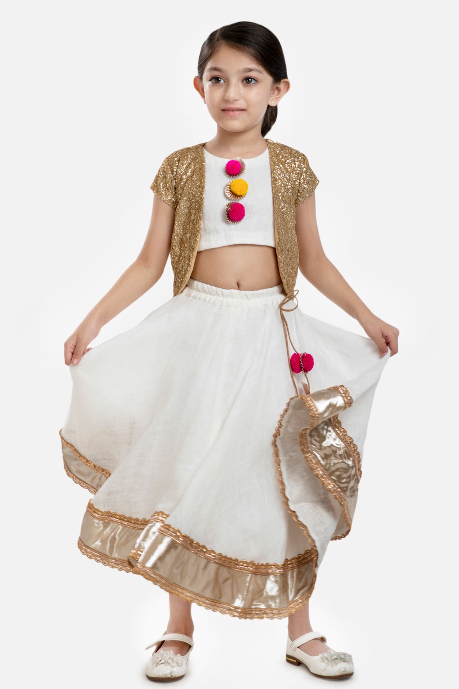 Buy Ivory Linen And Poly Crepe Embellishment Gota Patti Lehenga