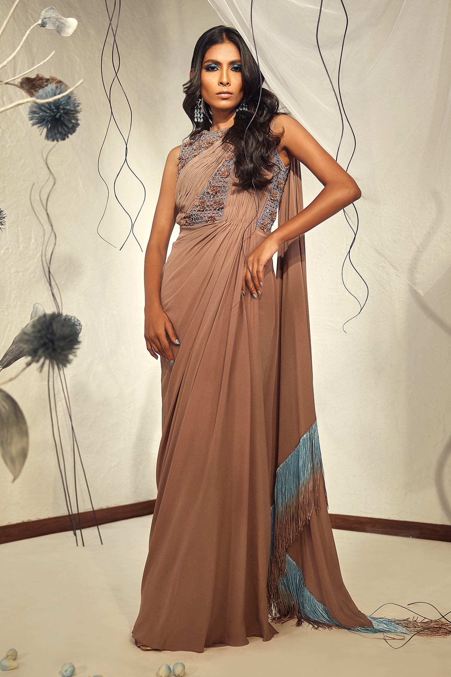 Buy Brown Tulle Floral Round Ombre Fringed Saree Gown For Women By