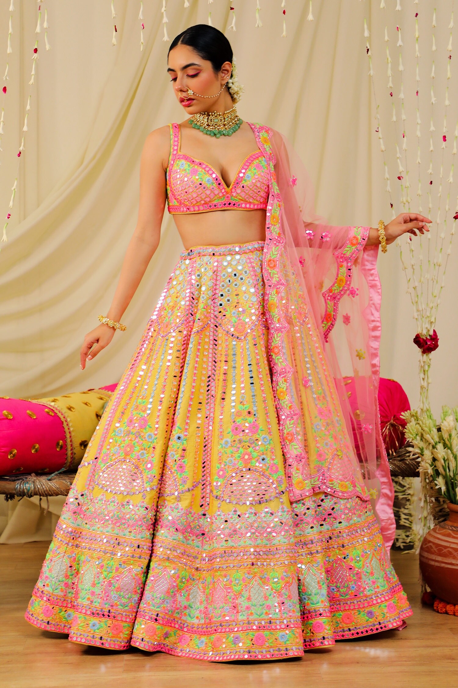 Buy Yellow Dupion Silk Embroidery Mirror Blouse With Lehenga Set For