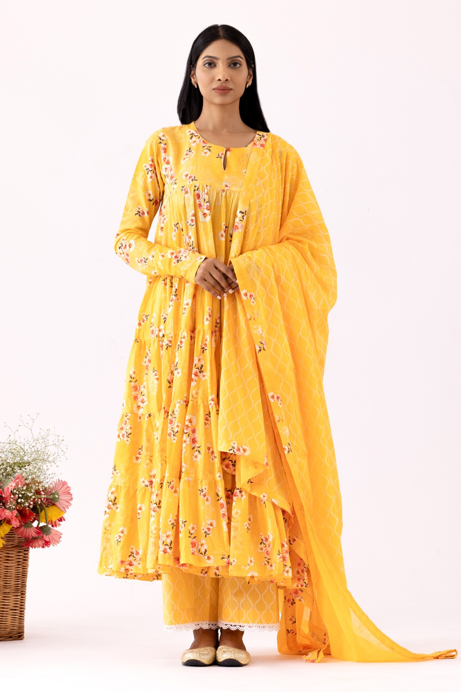 Buy Yellow Cotton Cambric Print Floral Round Neck Anarkali Set For