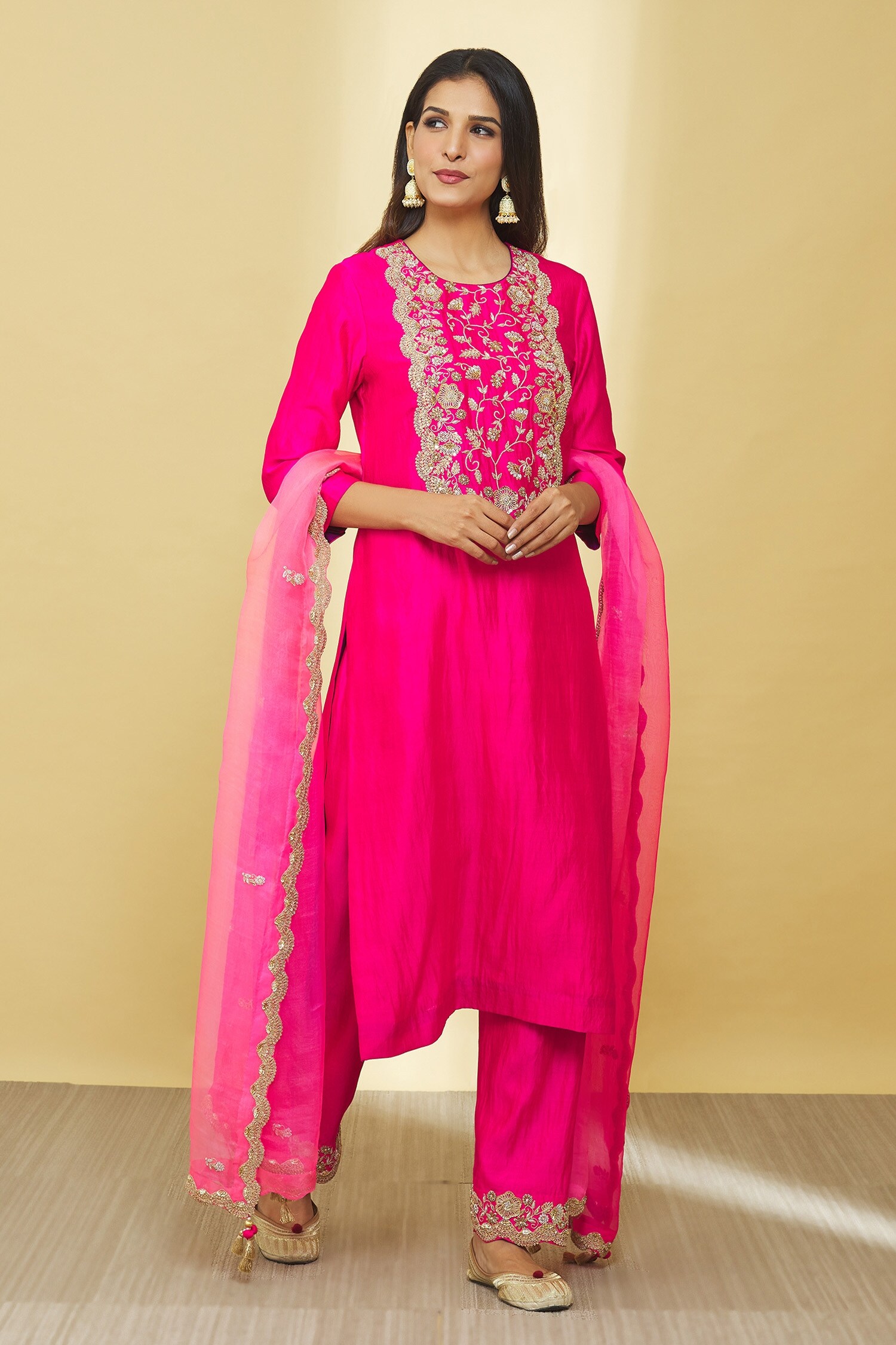 Buy Pink Pure Spun Silk Hand Embroidered Dori Round Neck Yoke Kurta Set