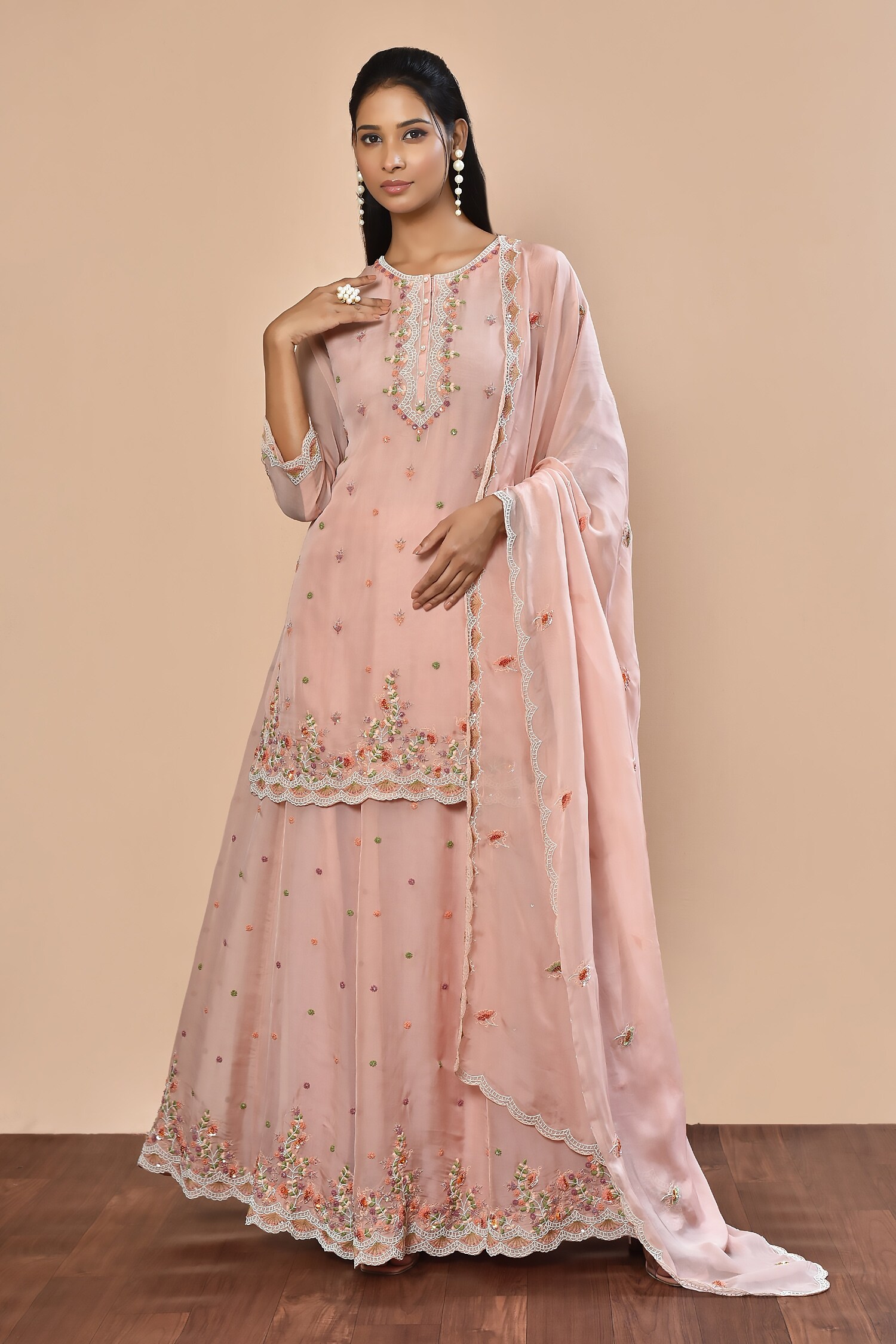 Buy Peach Viscose Organza Embroidered Floral Cutdana Kurta Lehenga Set