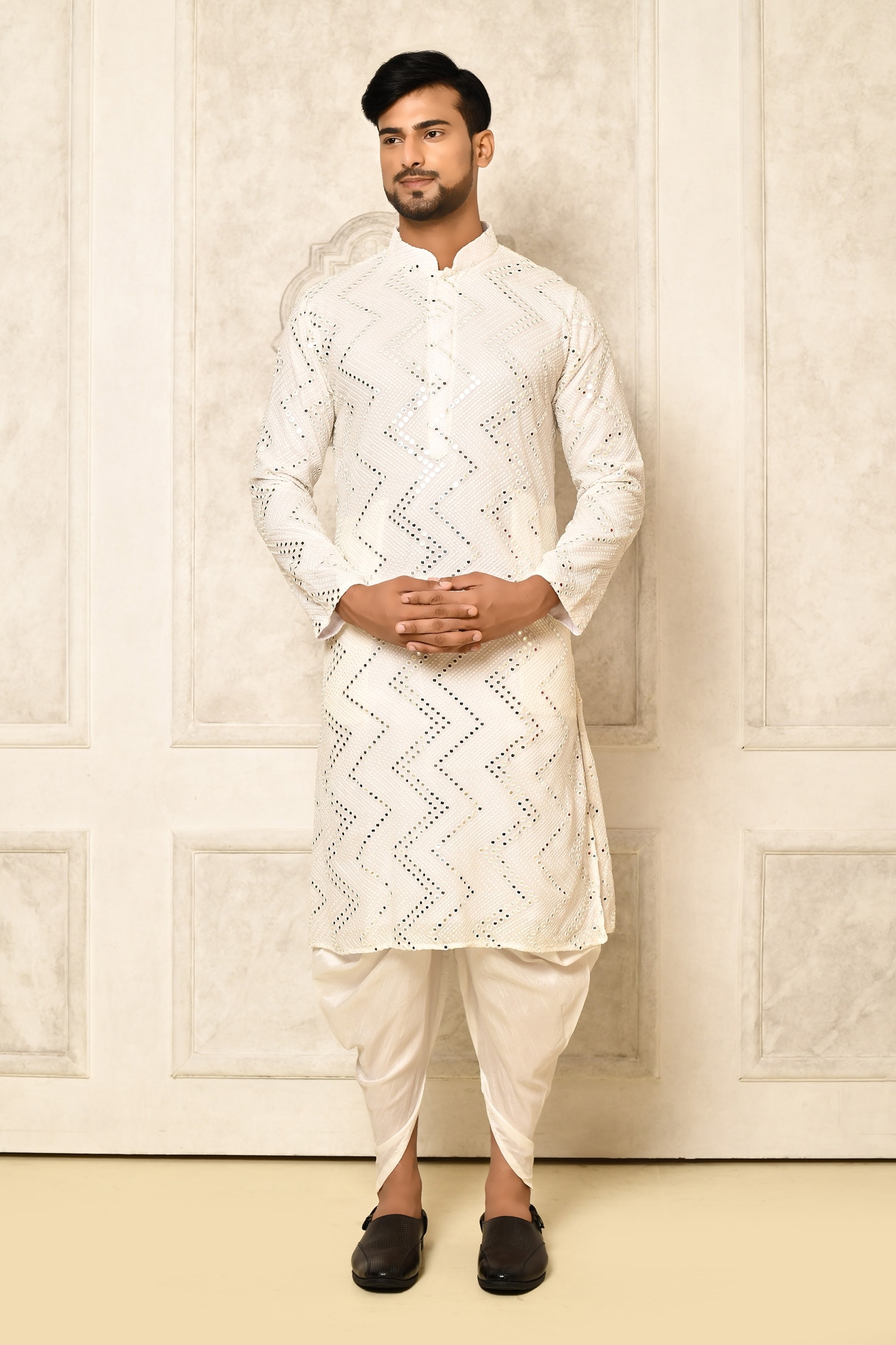 Buy White Kurta Georgette Embroidered Chevron And Patiala Set For Men