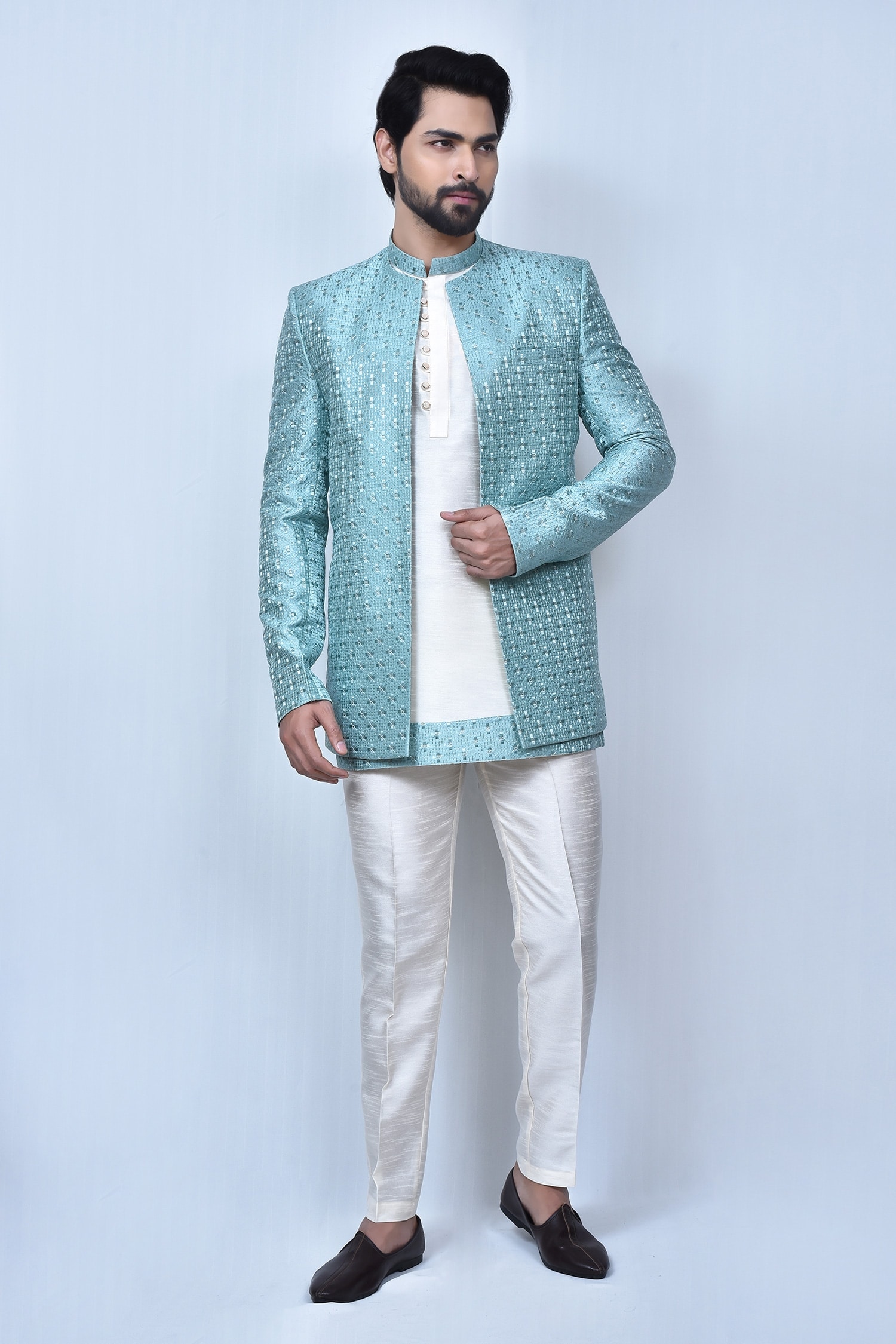 Buy Cream Banglori Silk Embroidery Full Sleeve Bandhgala Set For Men By