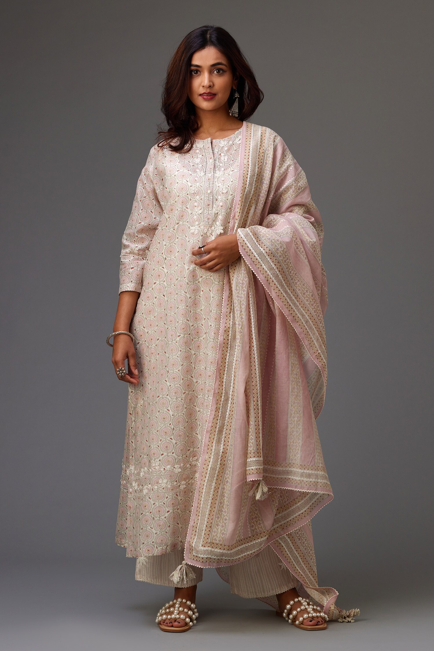 Buy Pink Kurta Silk Chanderi Hand Block Print Floral Straight Pant Set