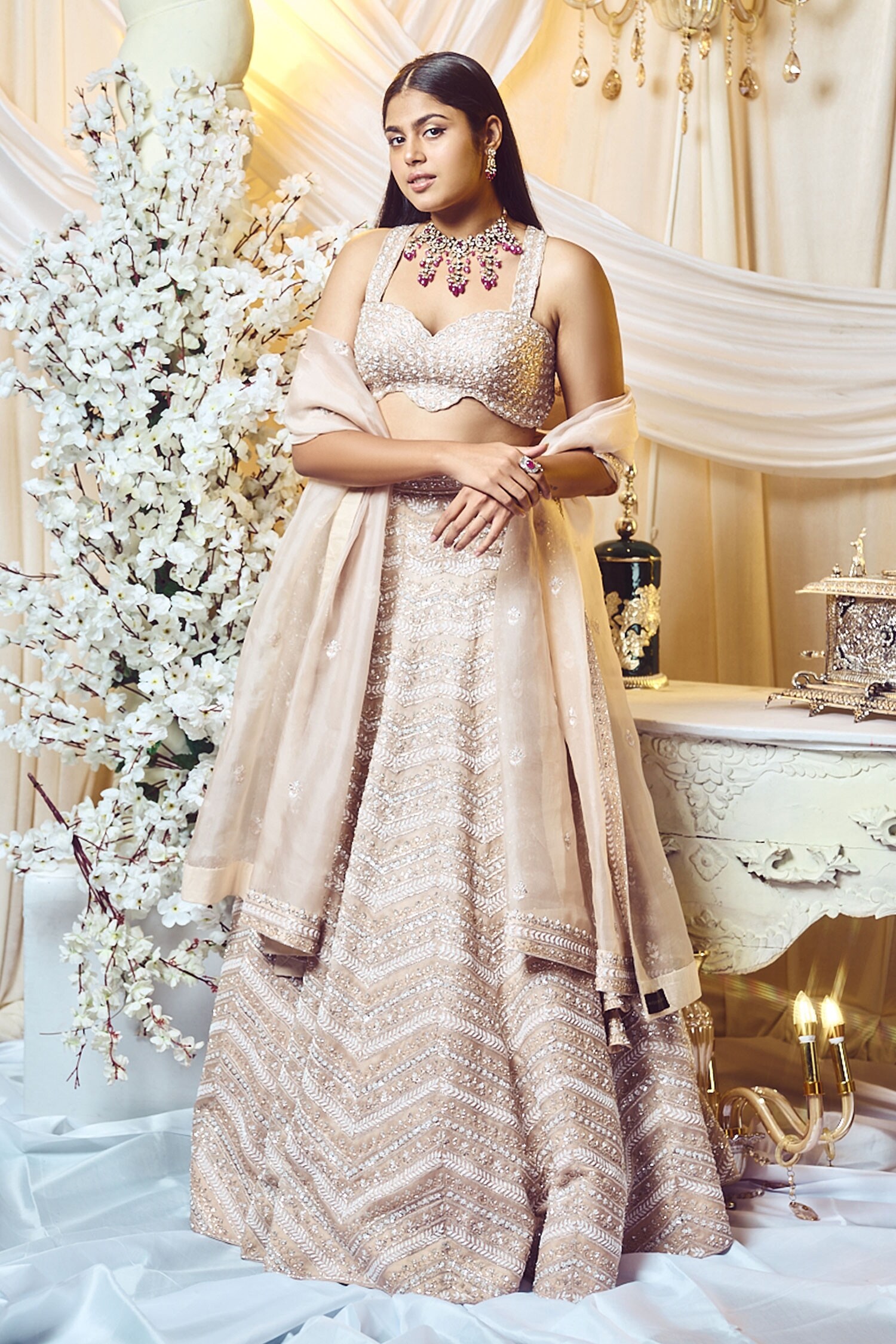 Buy Beige Silk Organza Embroidery Glass Bead Chevron Bridal Lehenga Set