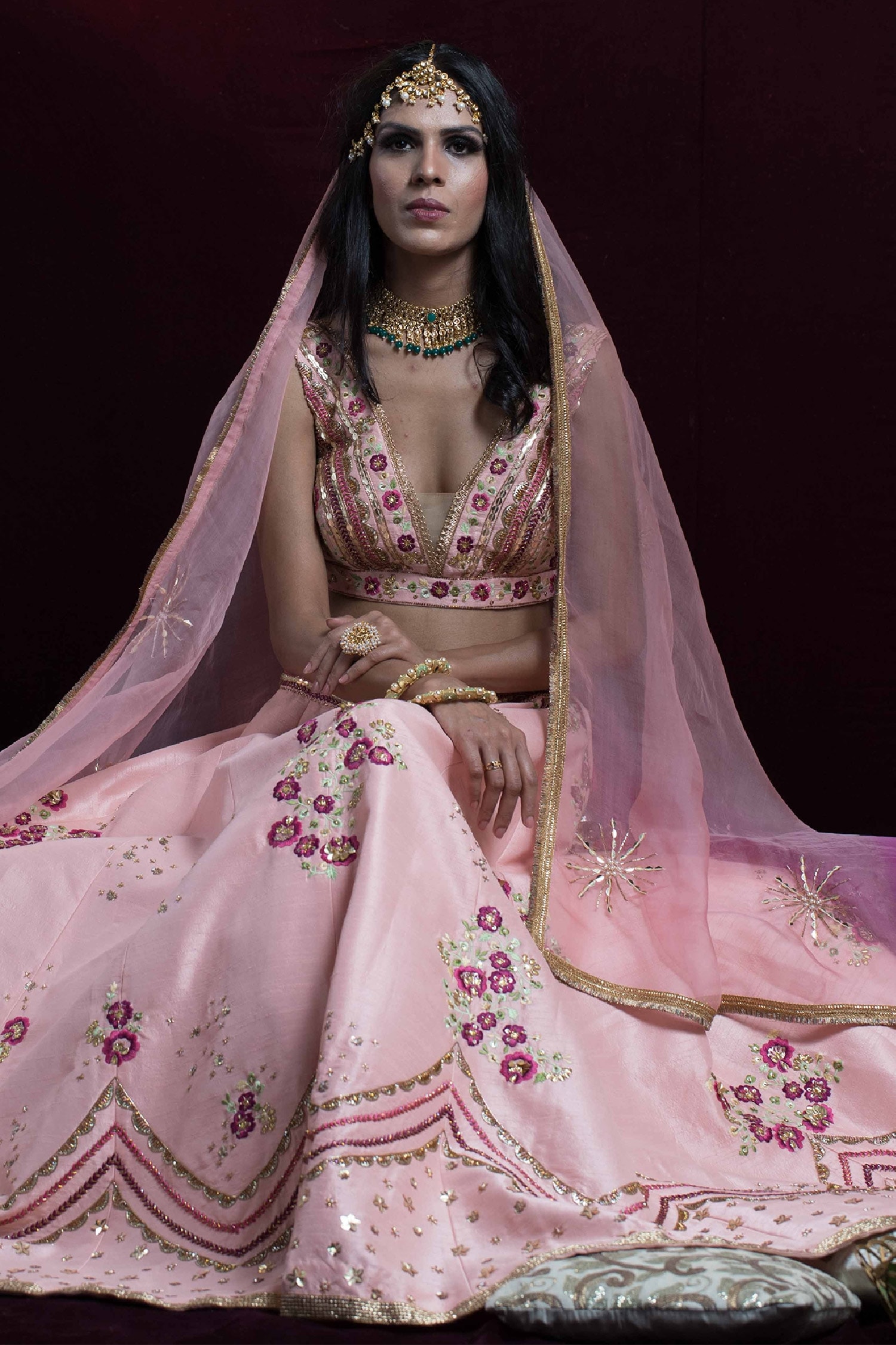 Buy Pink Raw Silk Embroidered Sequin Illusion V Neck Shahista Lehenga