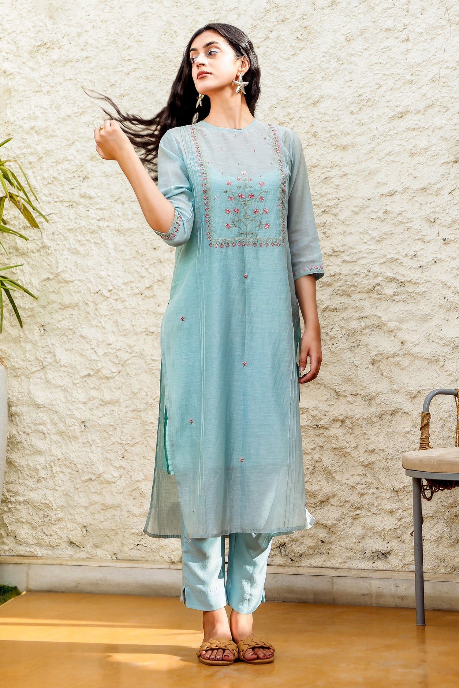 Buy Blue Kurta Handloom Chanderi Hand Embroidered Resham And Pant Set