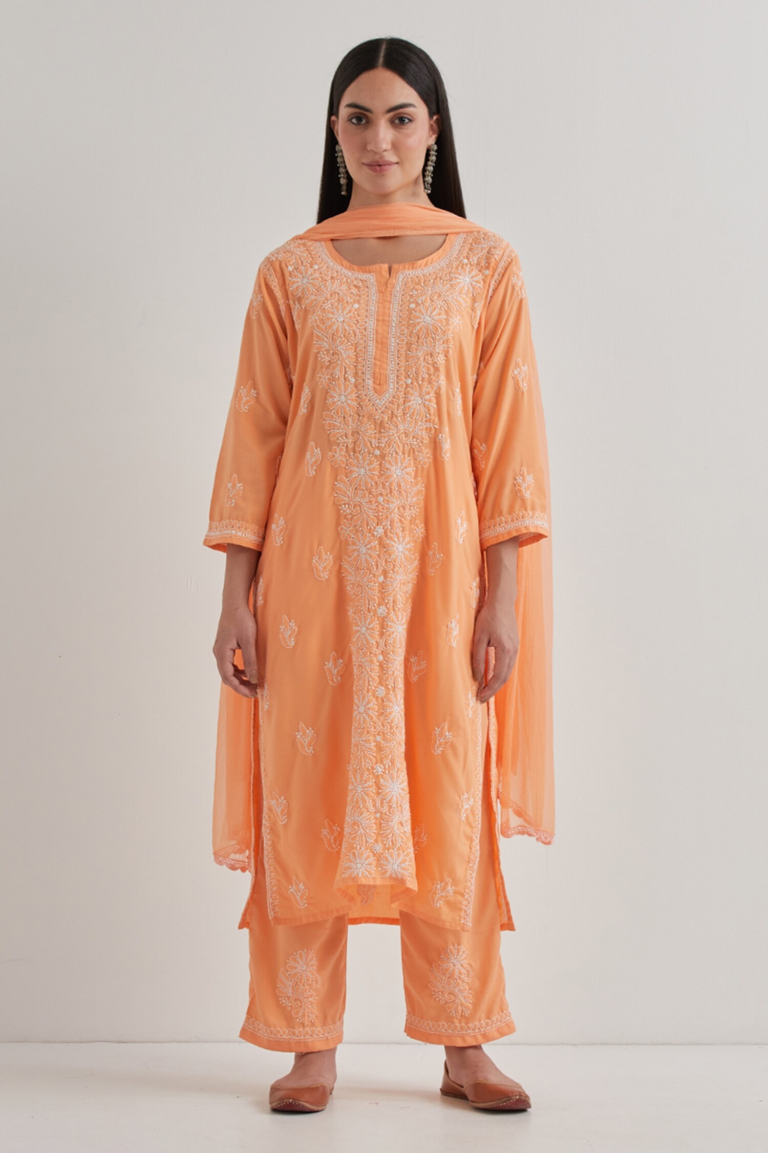 Buy Peach Cotton Embroidered Chikankari Notched Neck Kurta Set For