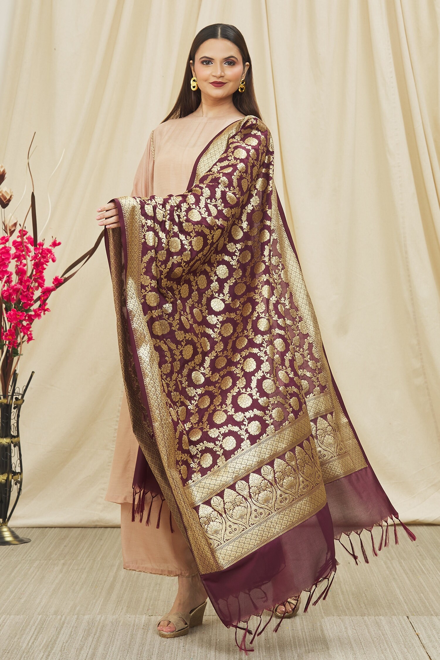 Buy Wine Banarasi Art Silk Woven Leaf Dupatta For Women By Khwaab By