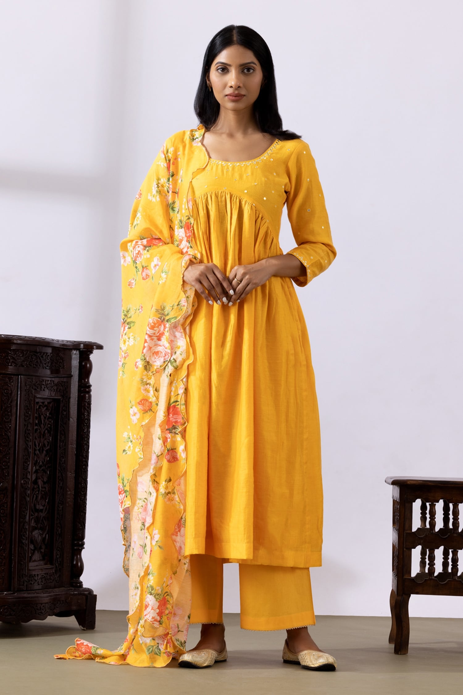 Buy Yellow Chanderi Printed Embroidered Gathered Anarkali Palazzo Set