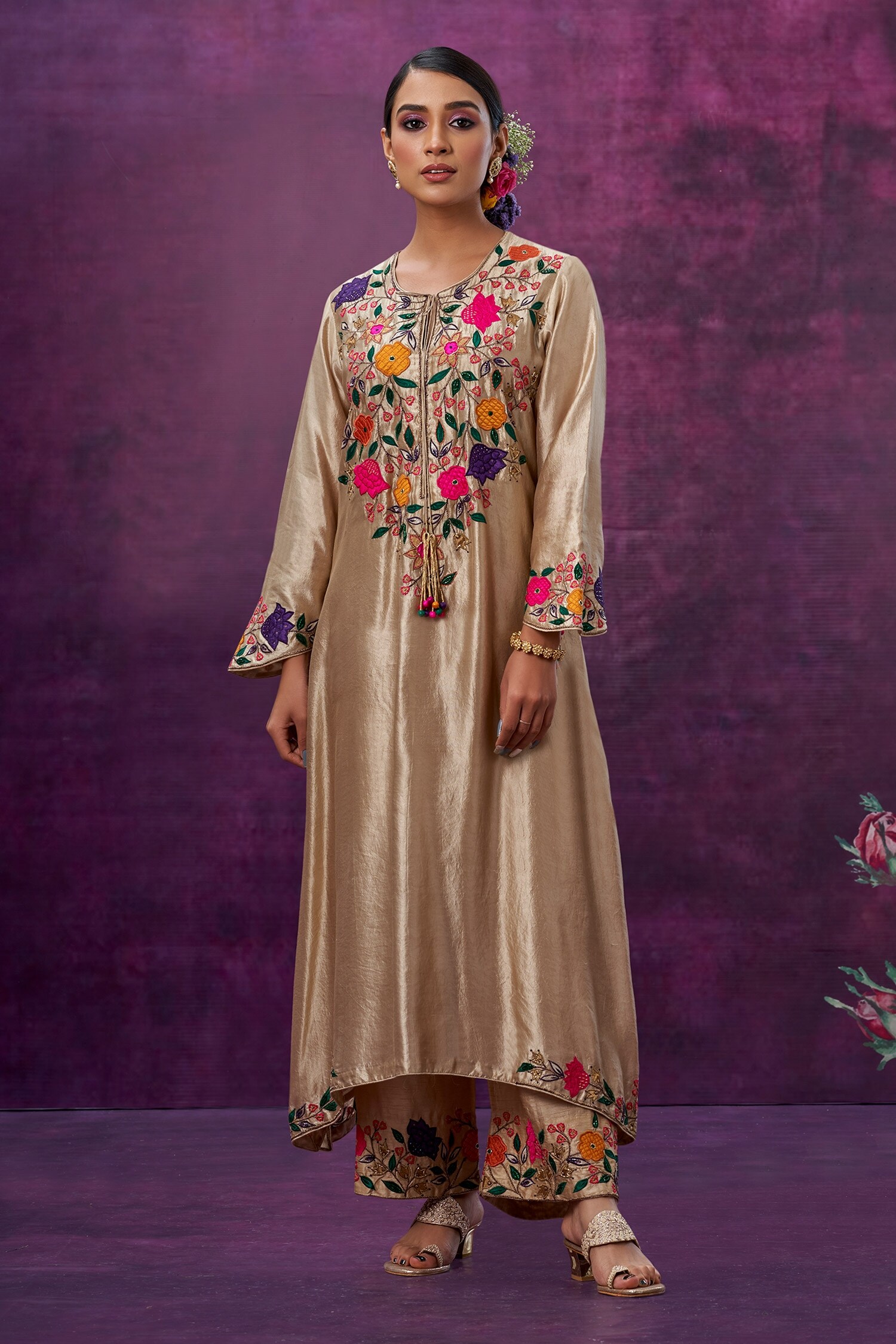 Buy Ivory Kora Silk Applique Mughal Round Kurta And Palazzo Set For