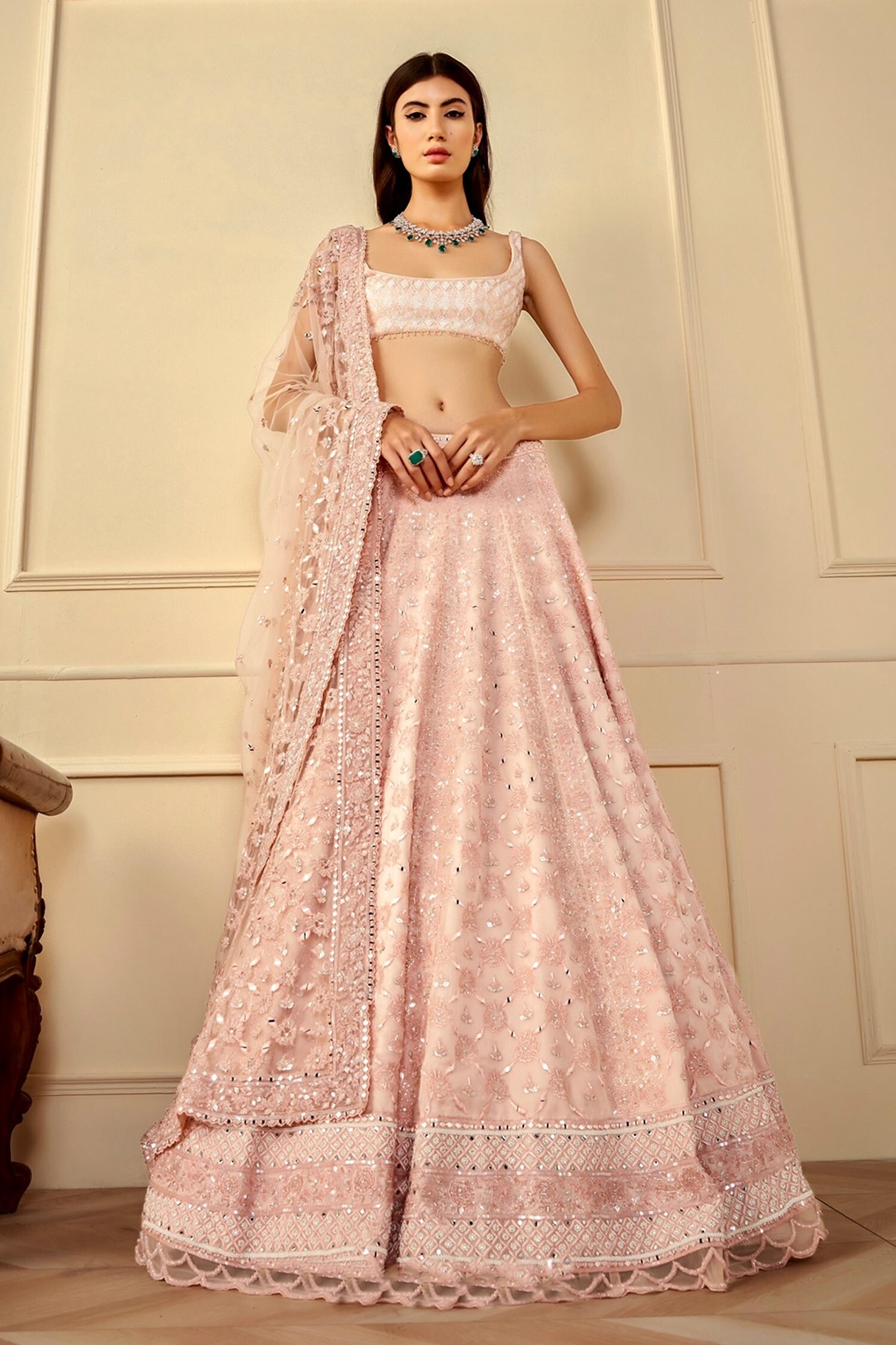 Buy Pink Organza Embellished Sequin Cutdana And Floral Work Lehenga Set