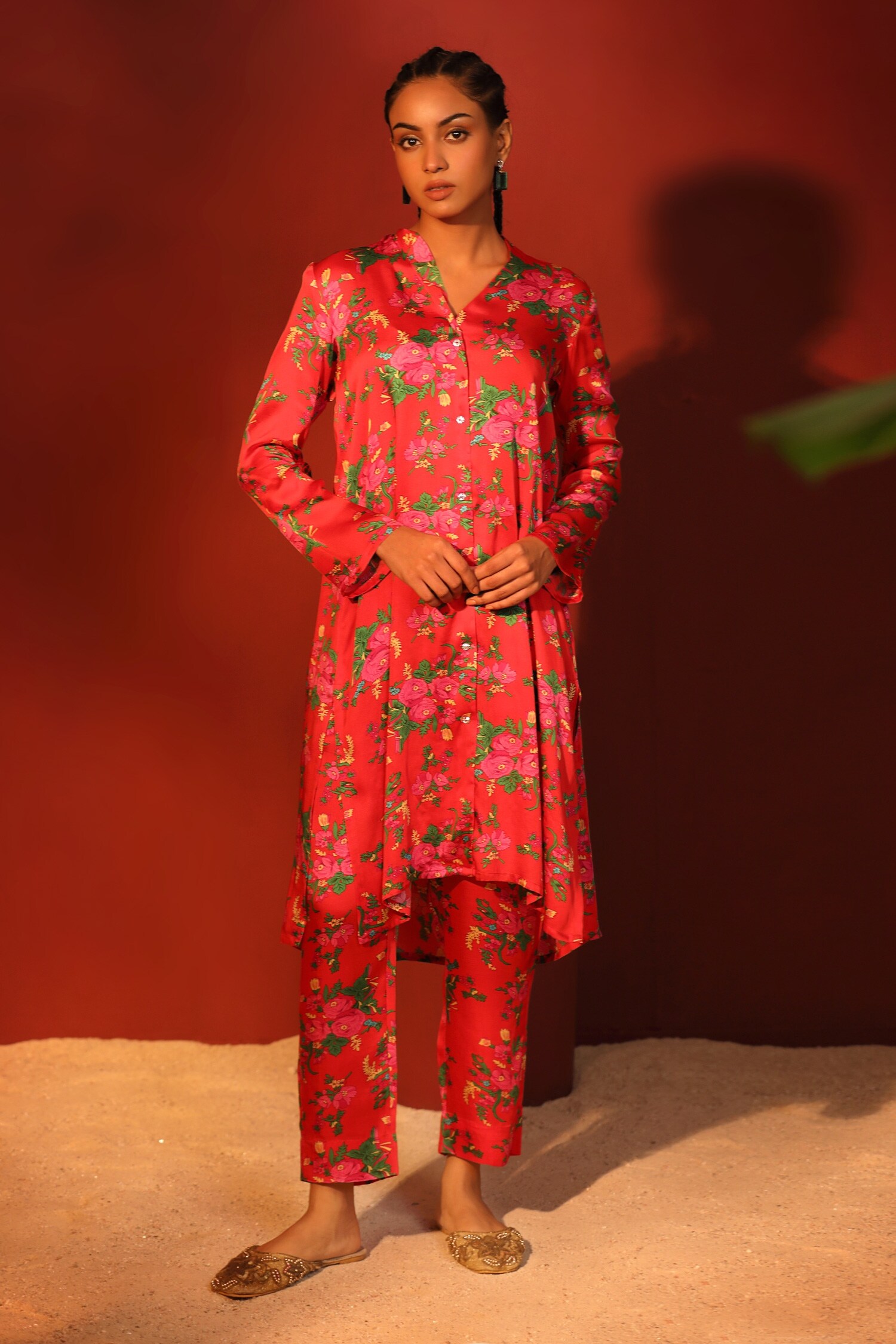 Buy Red Modal Satin Printed Floral Digital V Neck Tunic And Pant Set