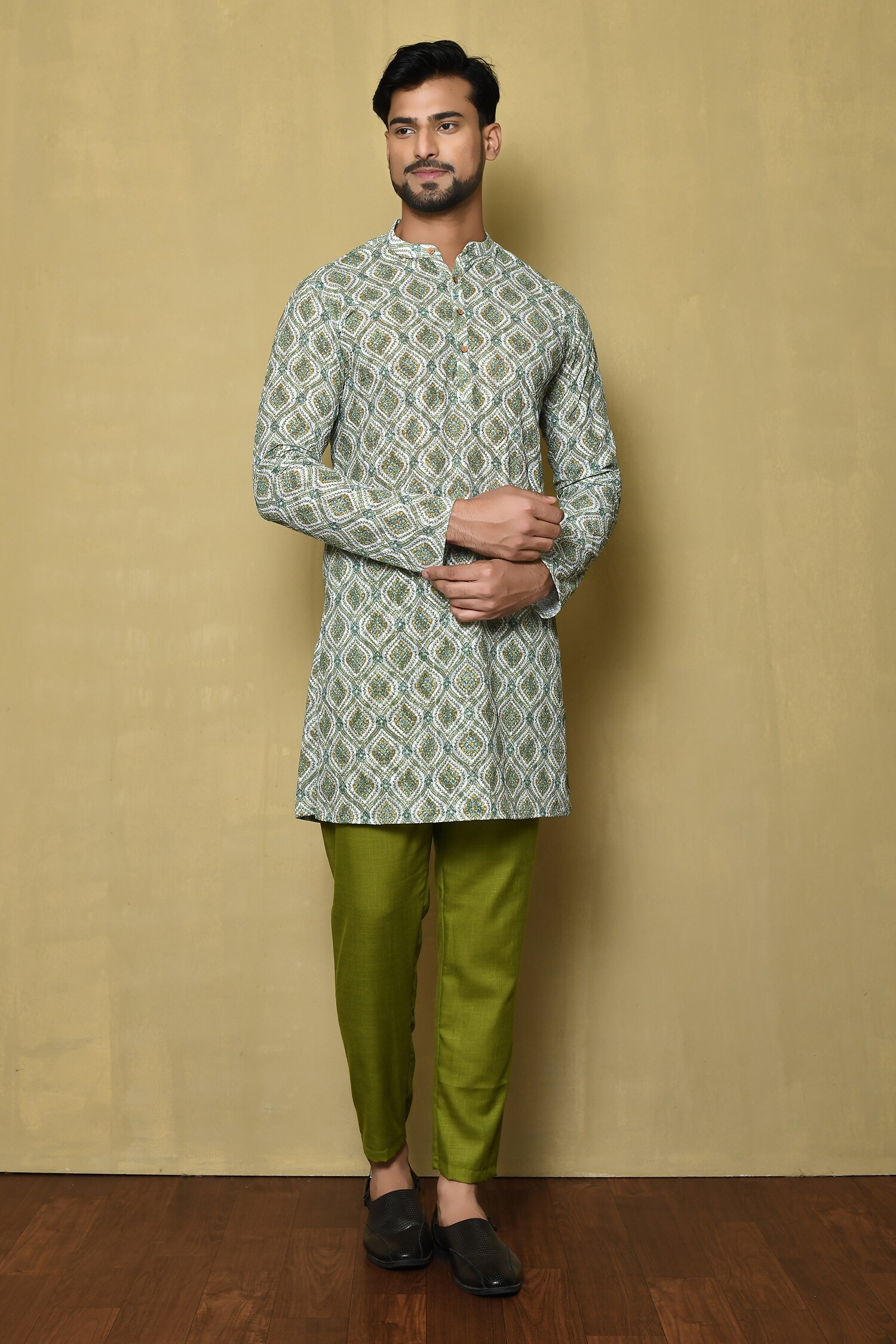 Buy Multi Color Viscose Chikankari Printed Pattern Kurta And Green Pant