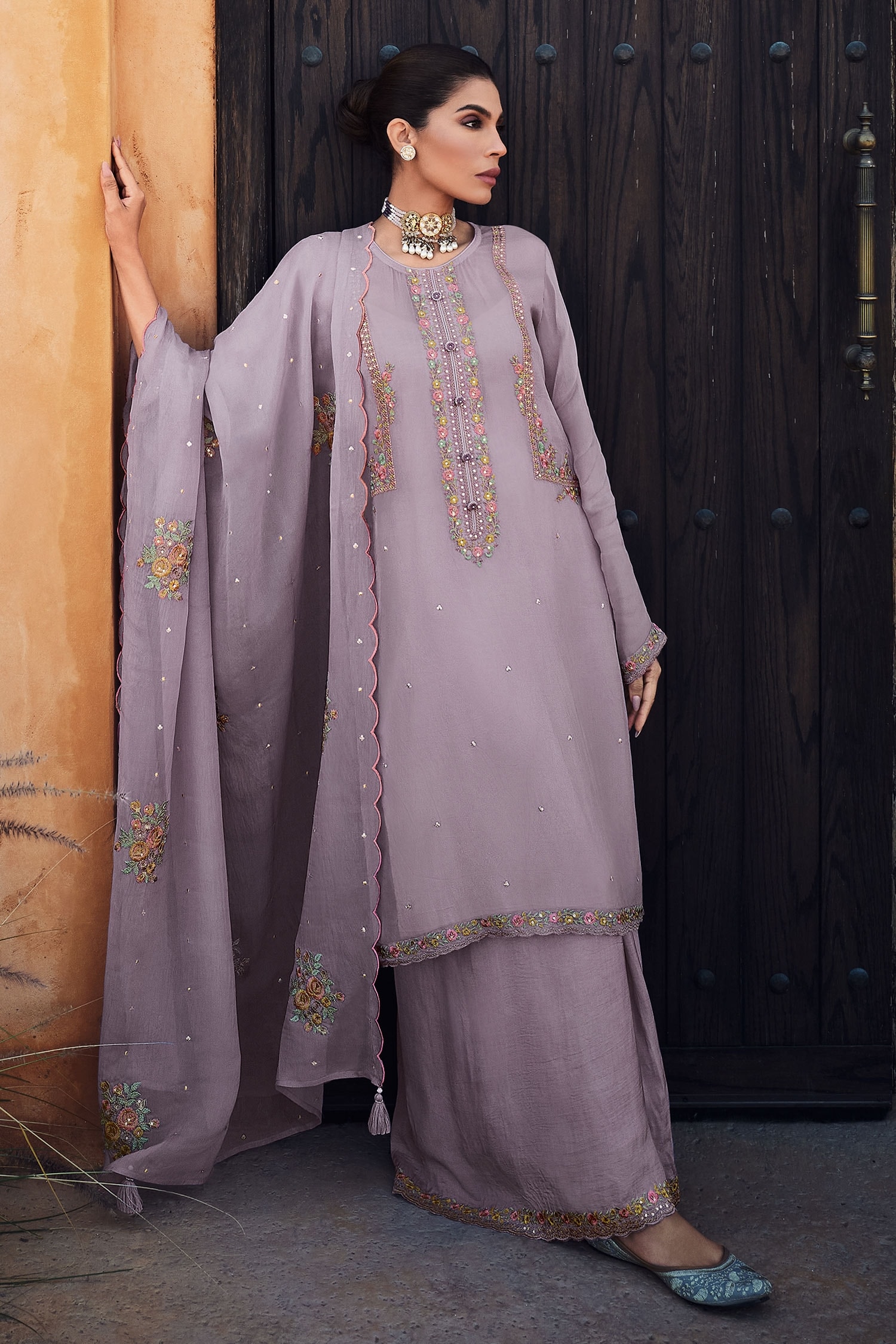 Buy Purple Kurta And Dupatta Viscose Organza Embroidered Blooming