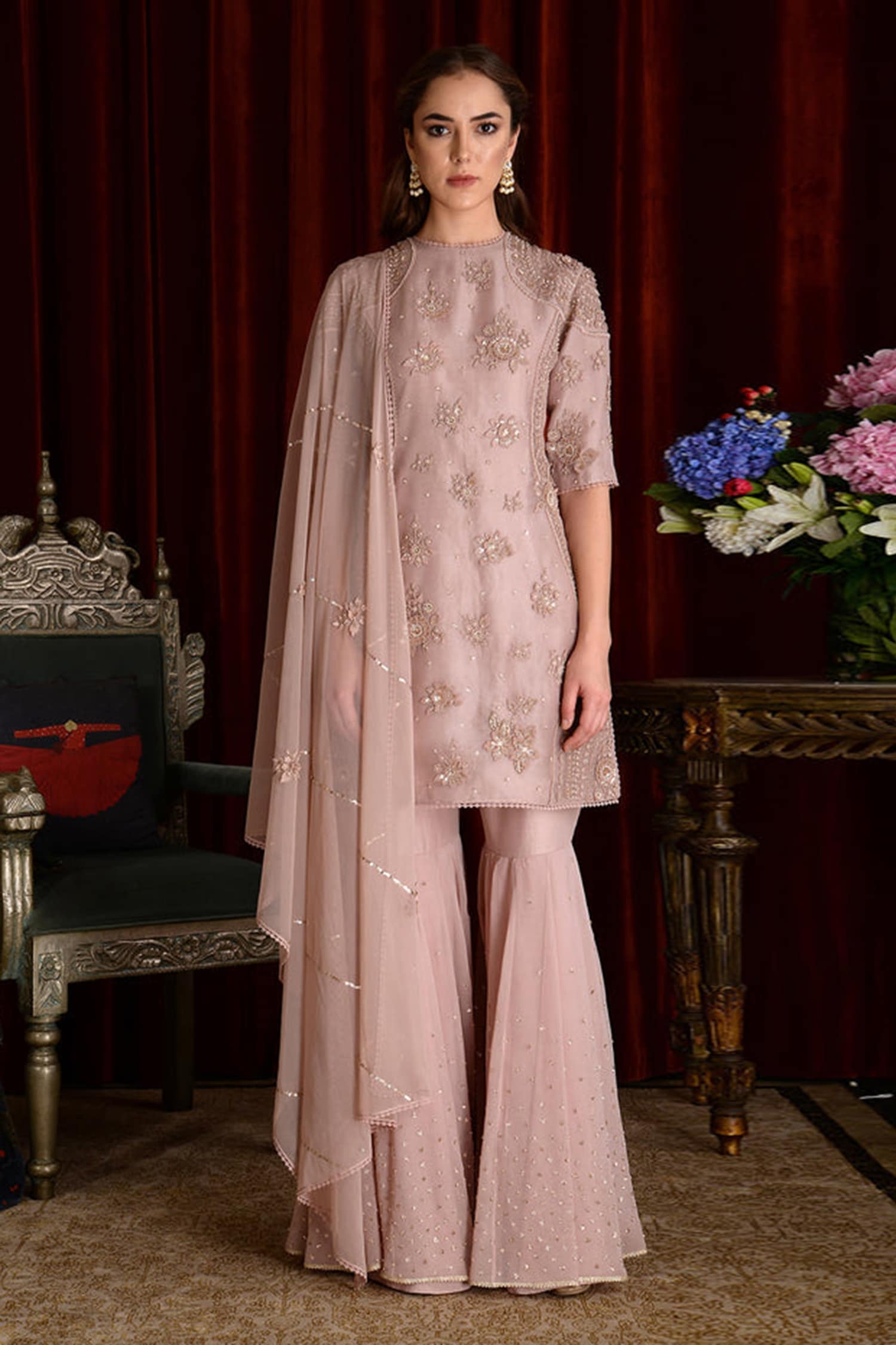 Buy Sahil Kochhar Pink Silk Organza Ehsaas Kurta Flower Embroidered Set