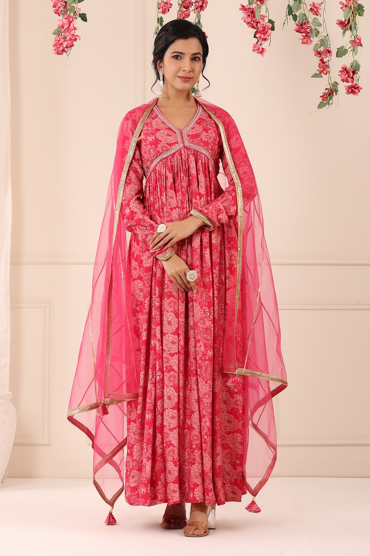 Buy Pink Muslin Printed Floral Patterns V Neck Flower Long Anarkali