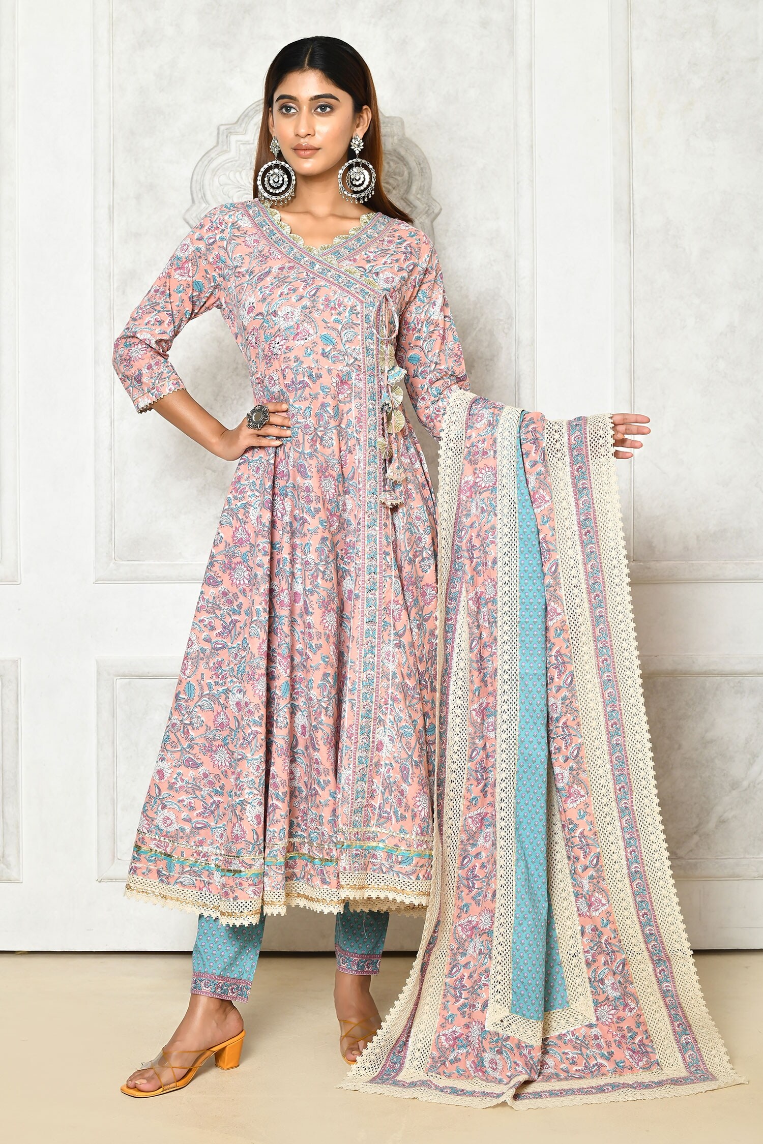 Buy Pink Cotton Printed Floral V Neck Anarkali Set For Women By Adara