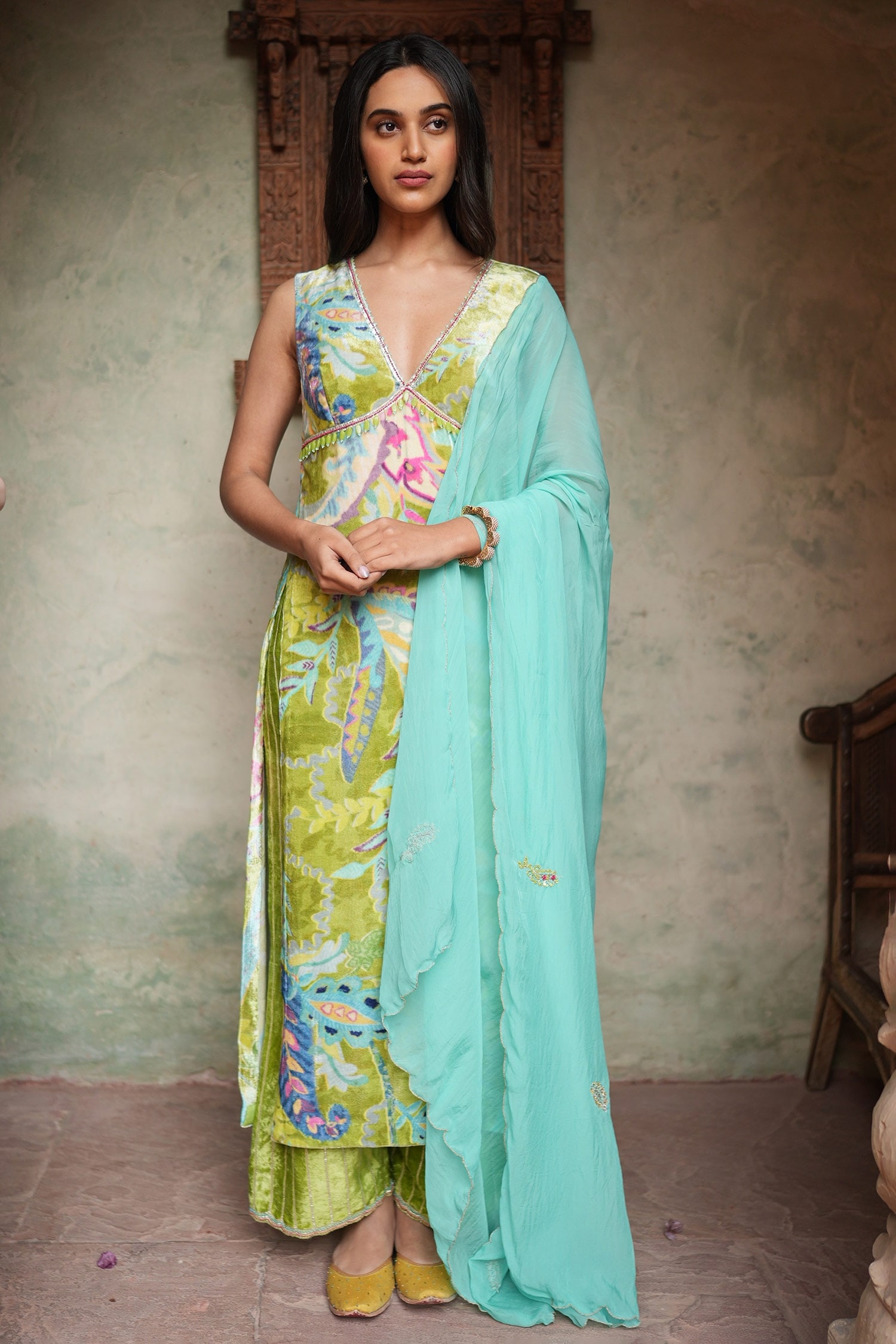 Buy Green Silk Velvet Printed And Embroidered Floral Deep V Neck Kurta