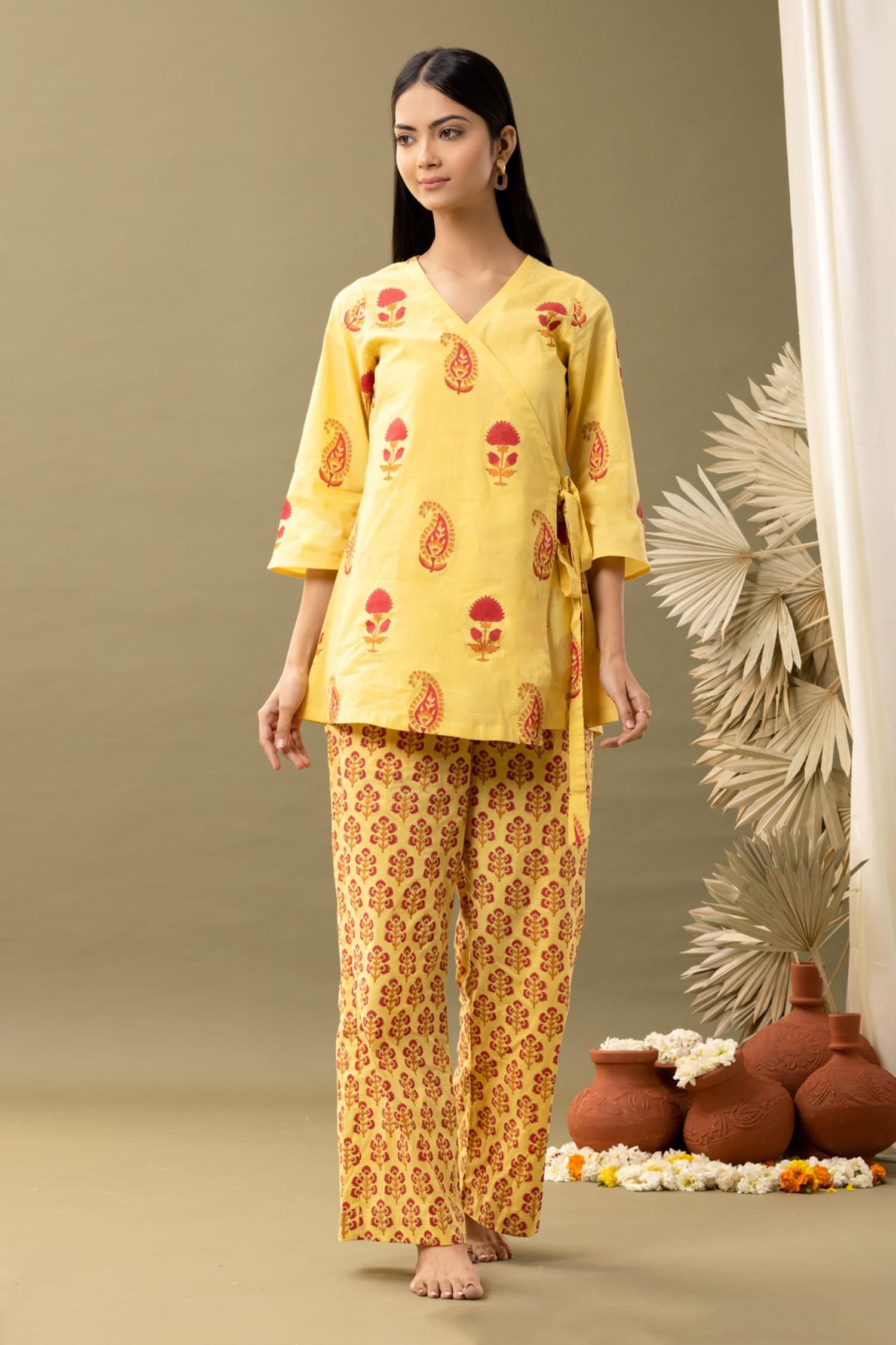 Buy Yellow Cotton Printed Block V Neck Bloom Angrakha And Pant Set For