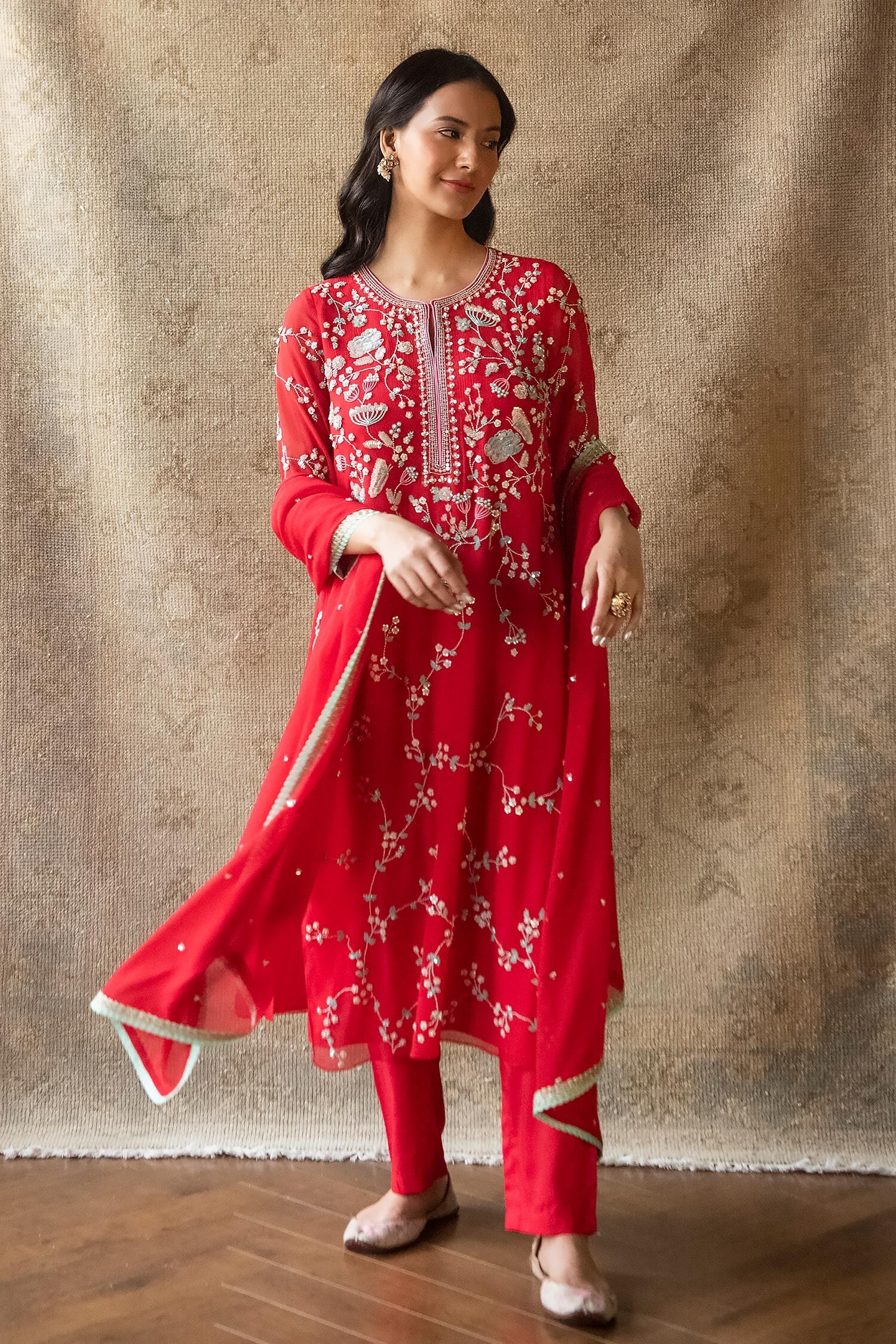 Buy Red Chiffon Hand Embroidery Floral Round Neck Kurta Set For Women