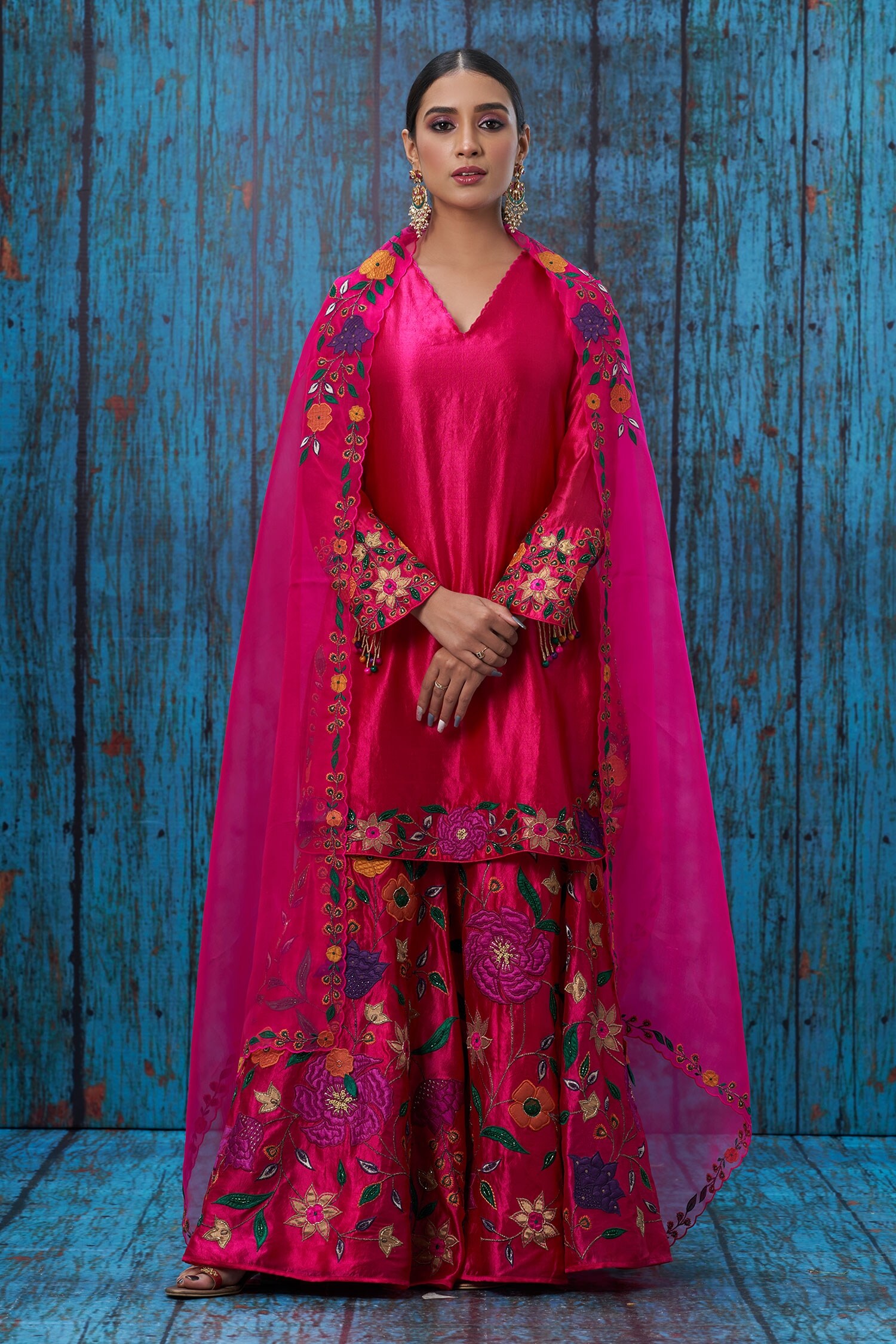 Buy Pink Kora Silk Applique Mughal Round Floral Kurta Sharara Set For