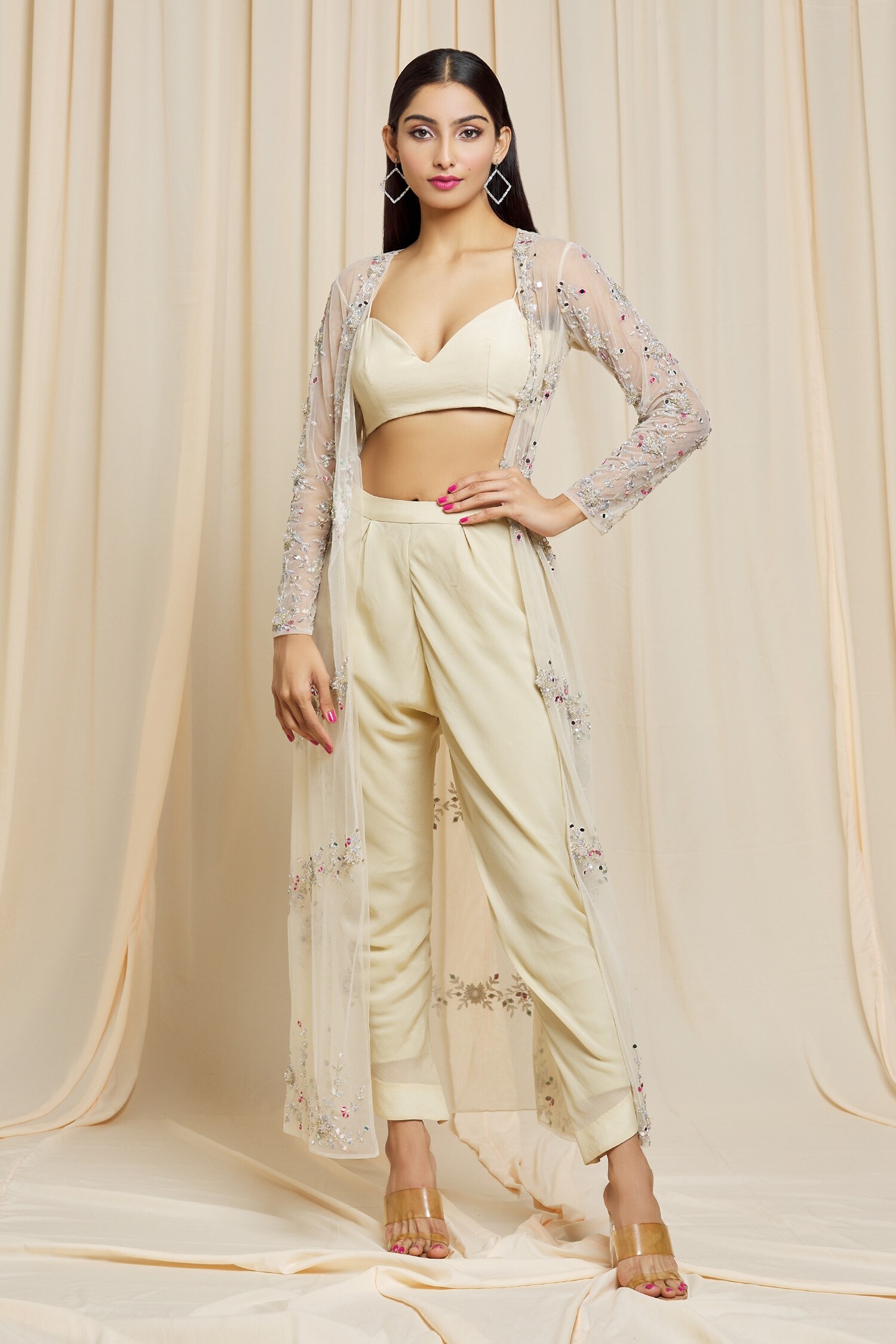 Buy Beige Crepe Embroidered Floral Plunge V Neck Hand Jacket And Pant