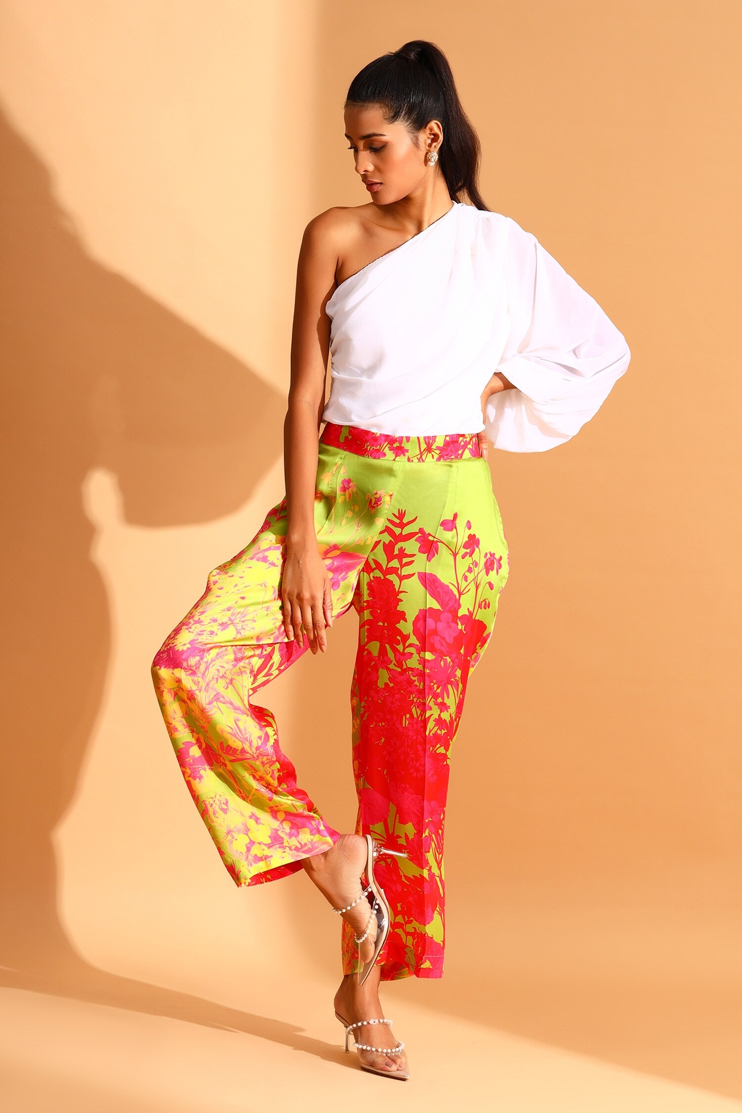 Buy Green Cupro Printed Floral Botanical Flared Trouser For Women By