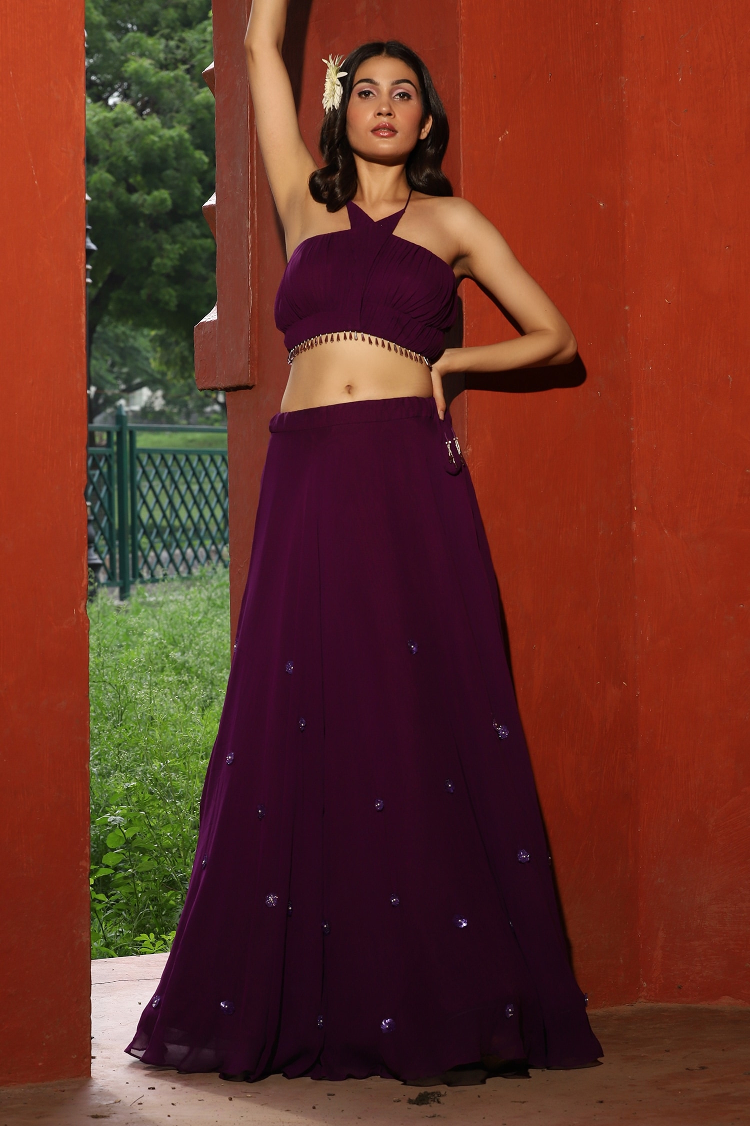 Buy Purple Georgette Embellished Handcrafted Sequin Lehenga With Blouse