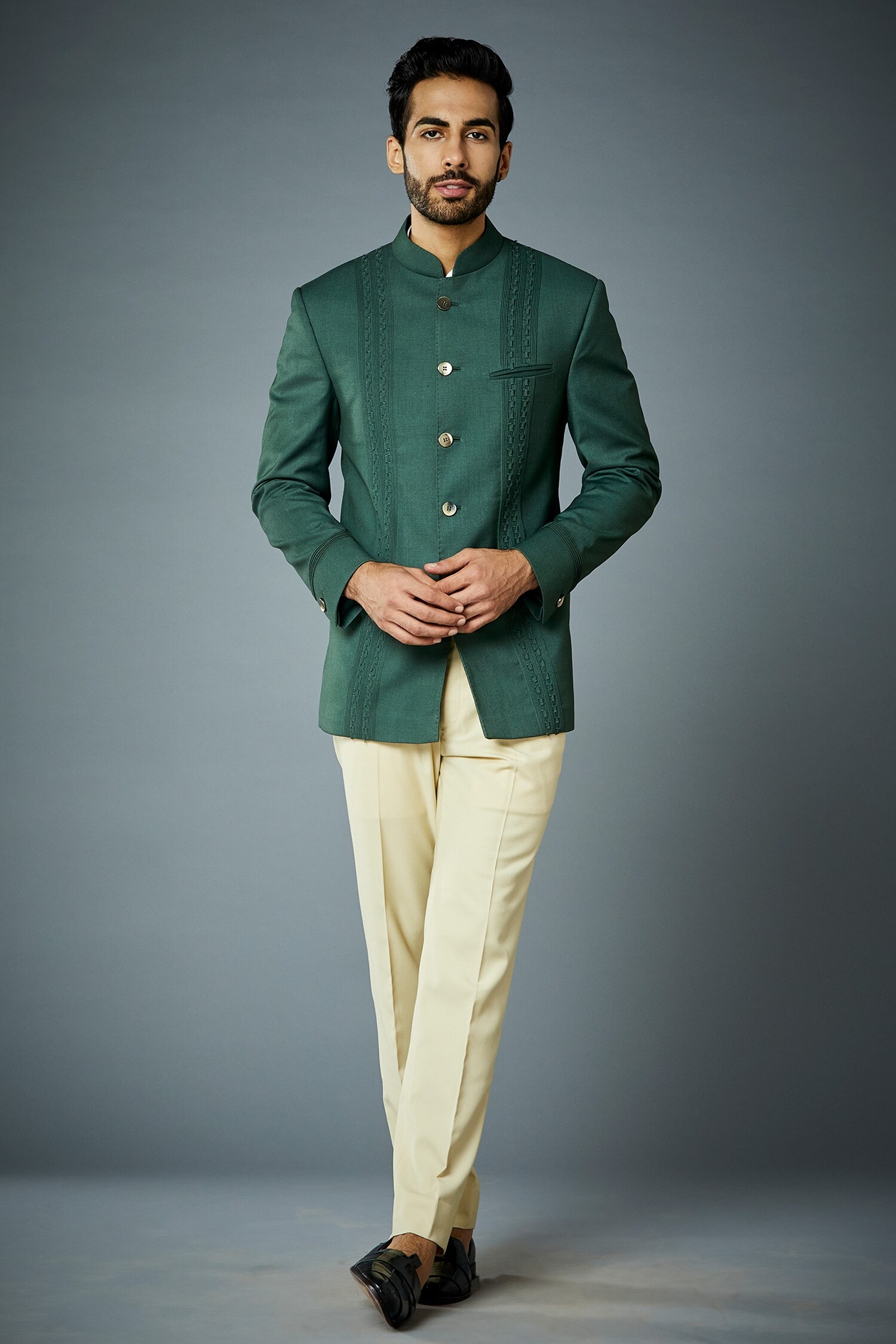 Buy Green Bandhgala Wool And Pant Pintuck Set For Men By Gargee