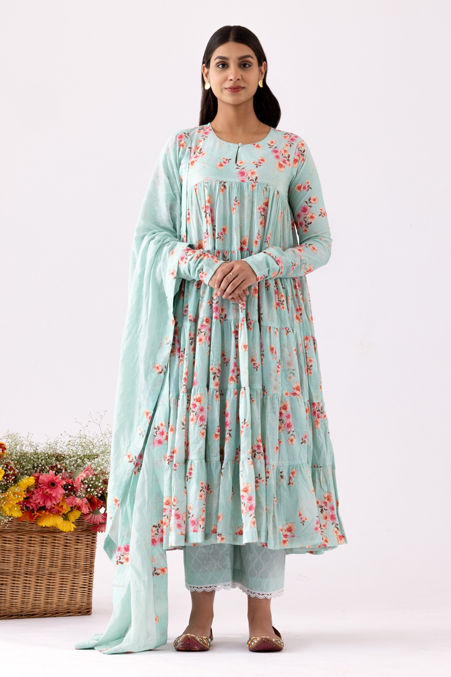 Buy Blue Cotton Cambric Print Floral Round Neck Layered Anarkali Set