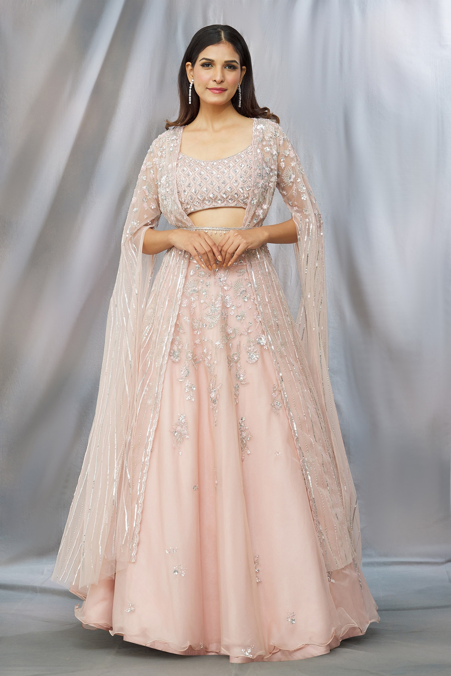 Buy Pink Organza Embroidered Sequin Round Cape And Lehenga Set For