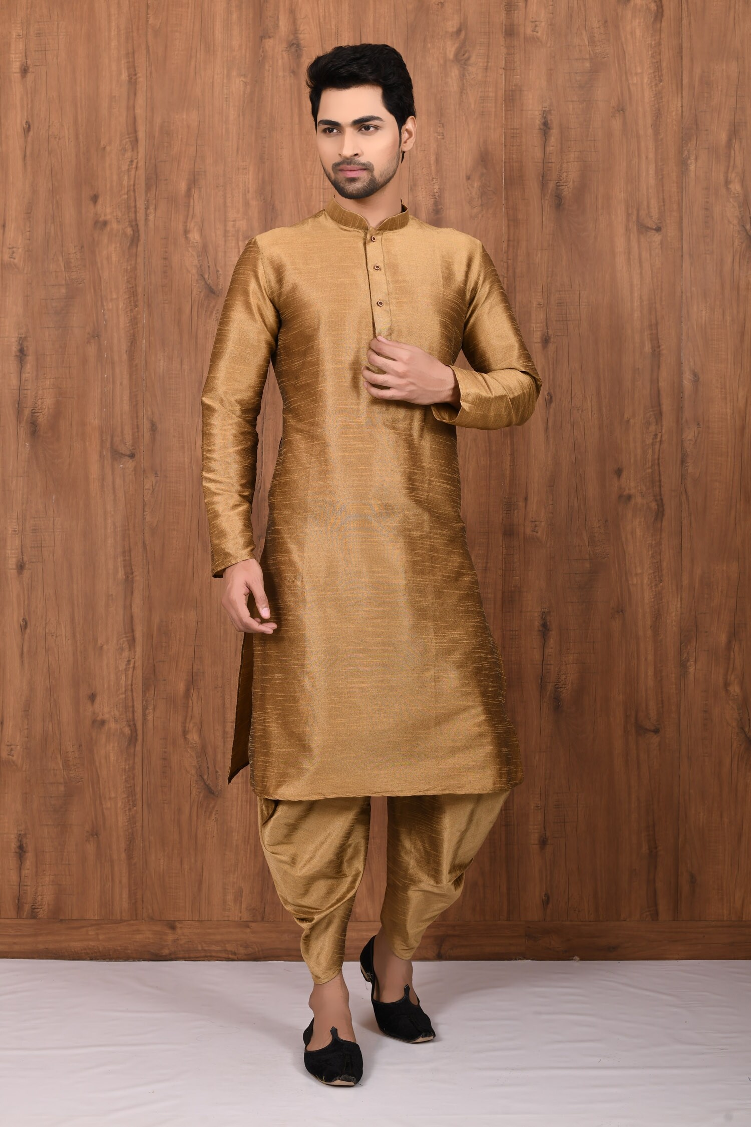 Buy Gold Dupion Silk Plain Kurta And Dhoti Pant Set For Men By Aryavir