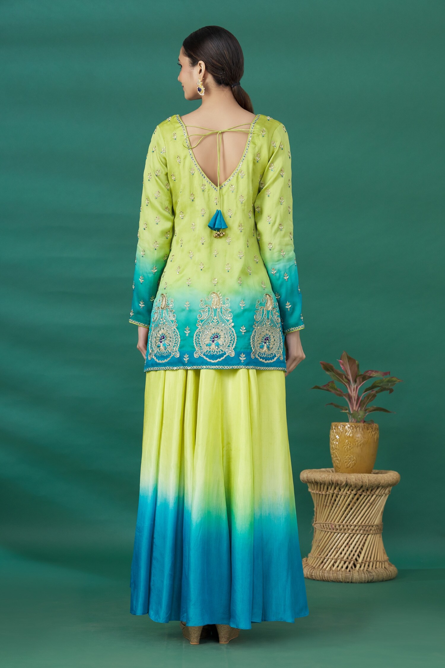 Buy Pratibha Sultania Green Shaded Embroidered Kurta Palazzo Set Online