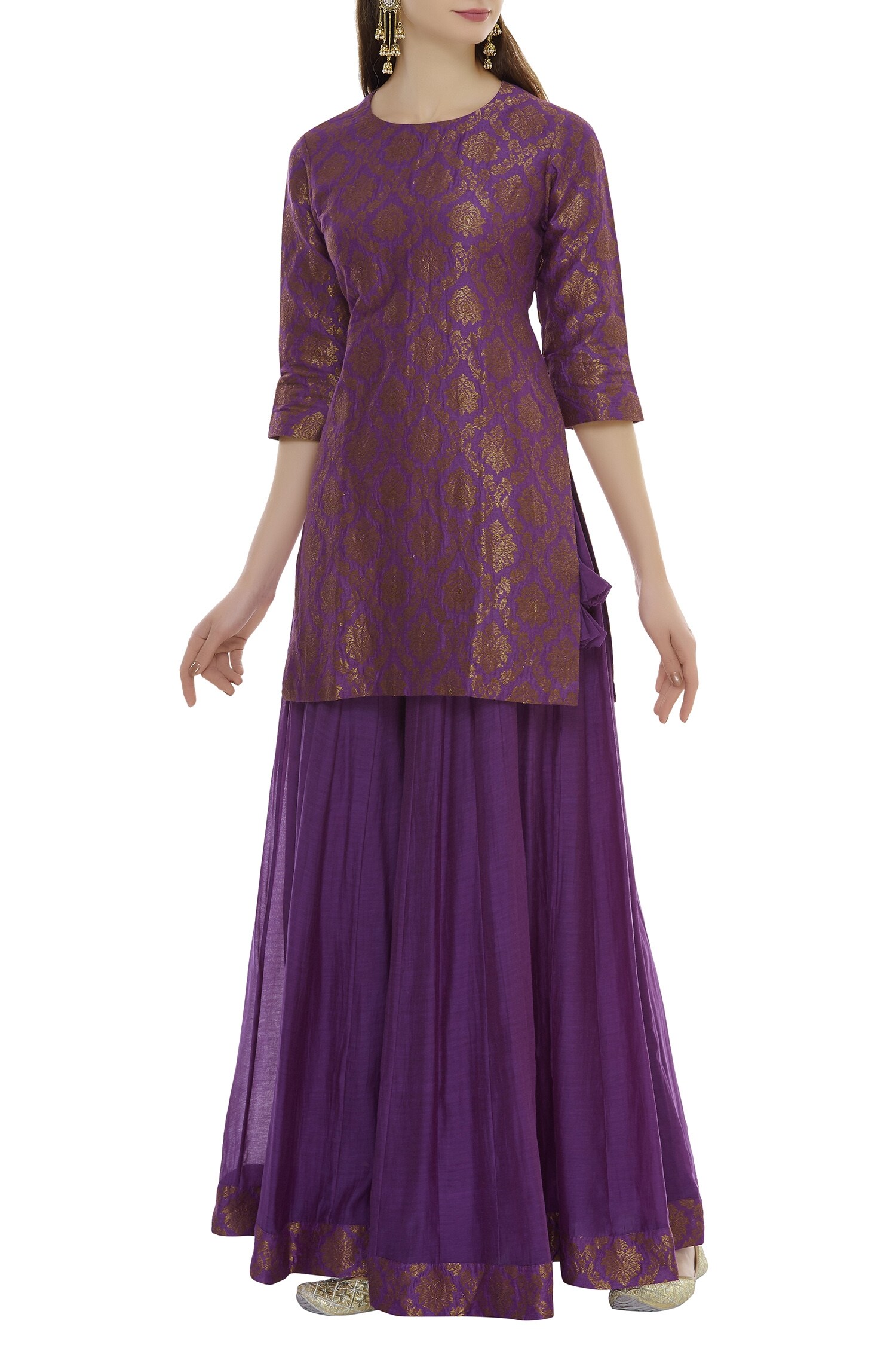 Buy Purple Kurta Banarasi Mugapant Chanderi Round With Sharara Pant