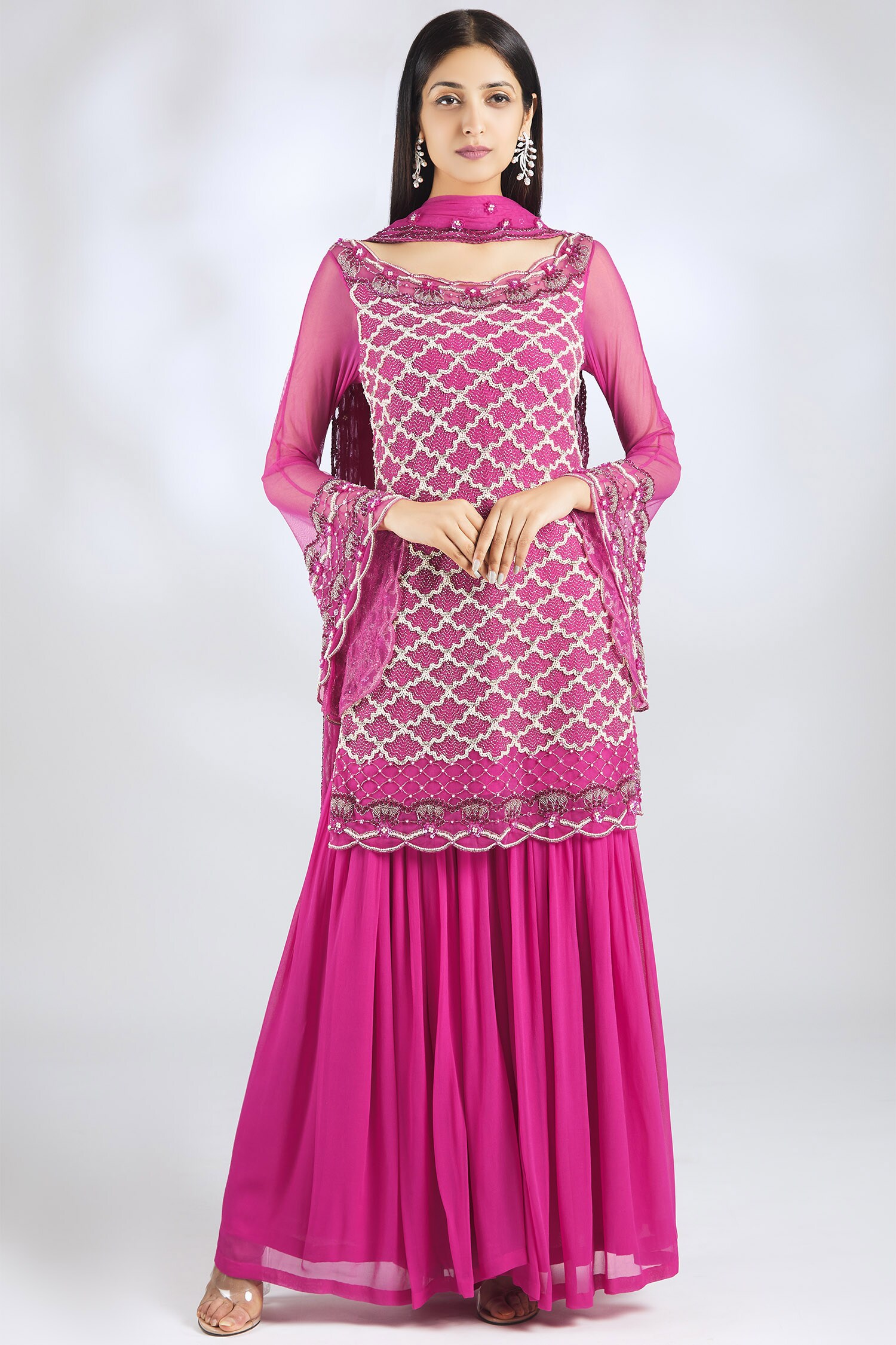 Buy Pink Georgette Boat Embellished Kurta Sharara Set For Women By