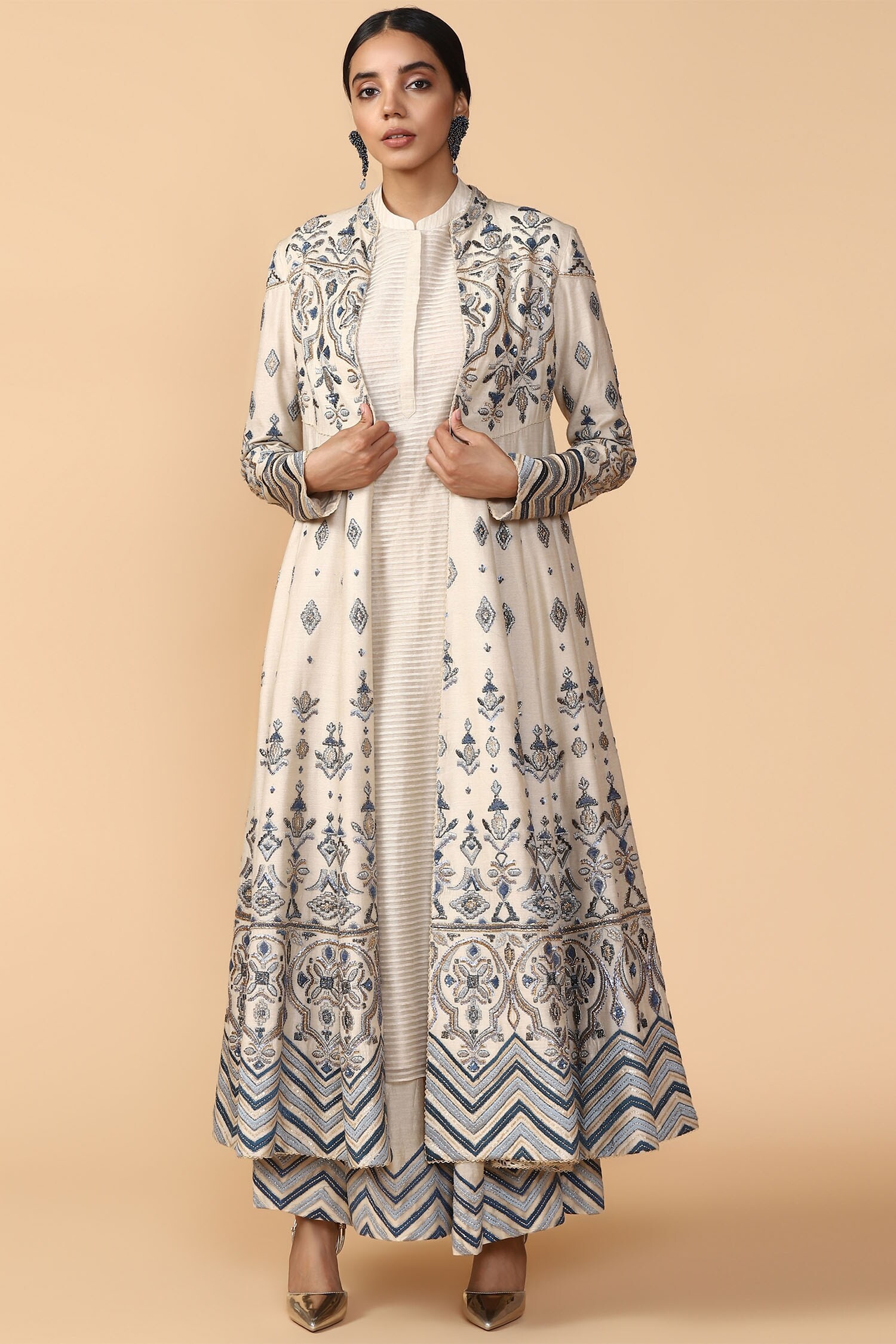 Buy White Moonga Silk Kurta Mandarin Collar Embroidered Jacket Pant