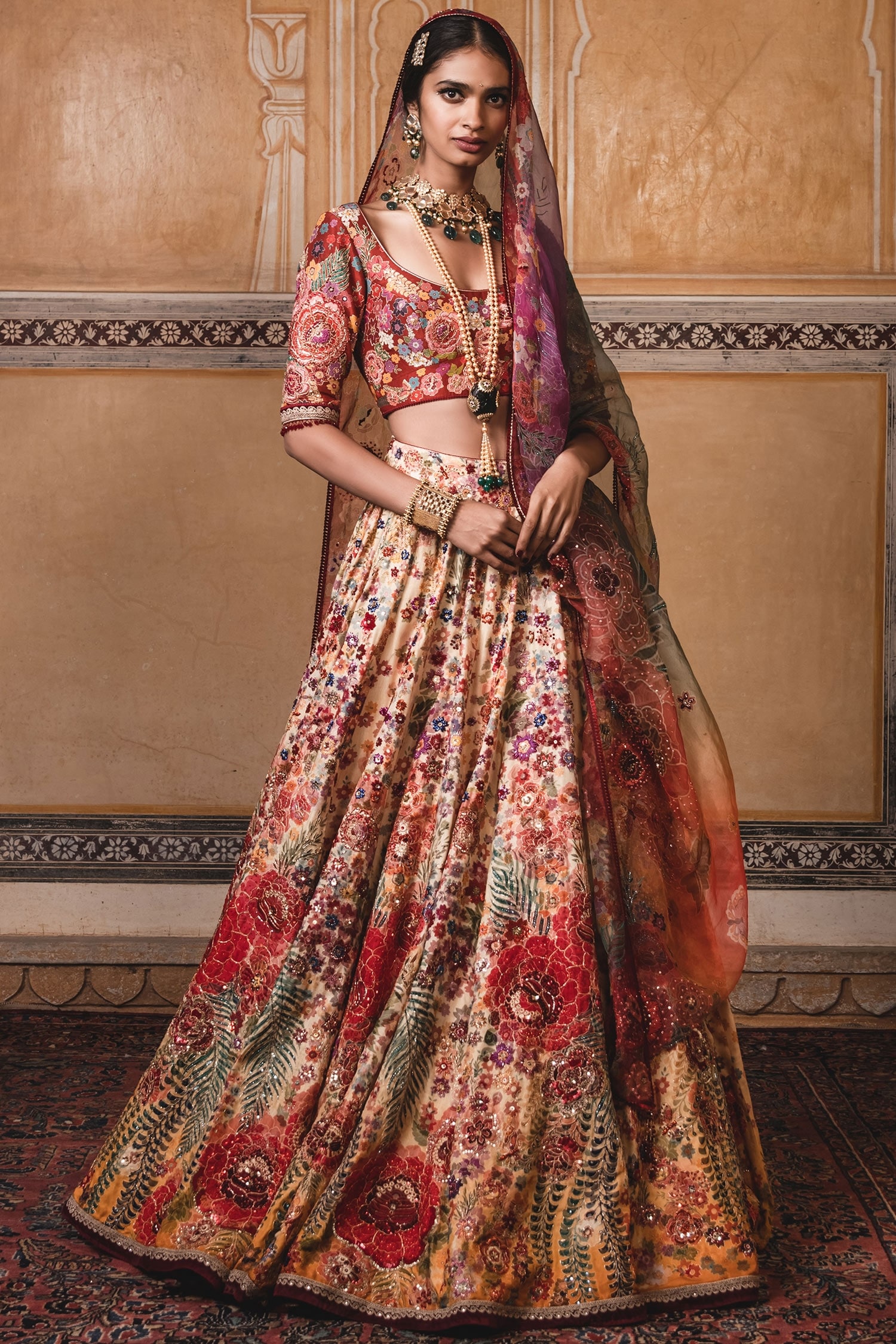 Buy Multi Color Chanderi Silk Round Lehenga Set For Women By Tarun