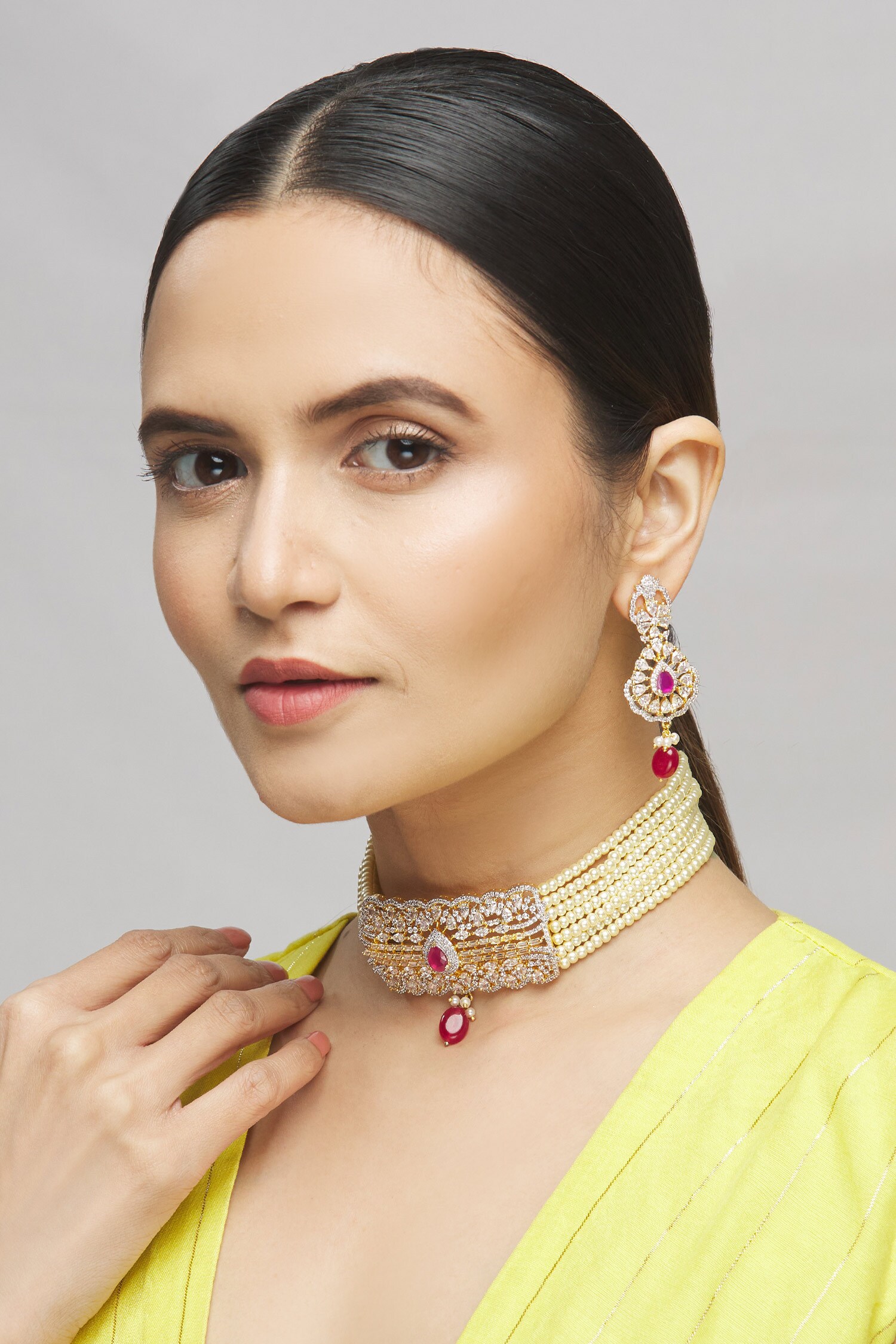 Buy Gold Plated Pearl Studded Multistrand Choker Set By Nayaab By