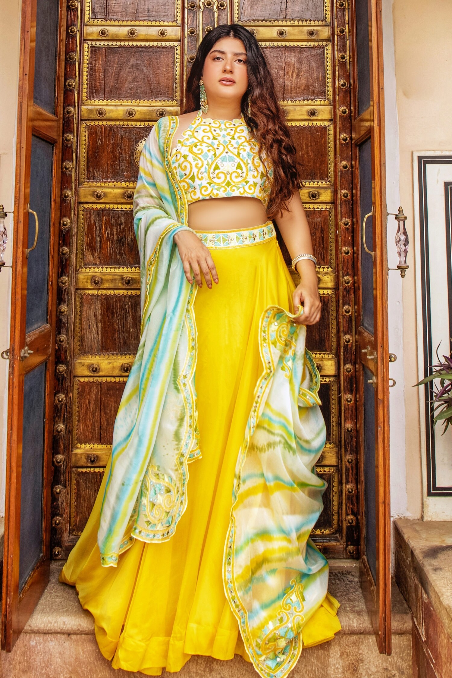 Buy Yellow Chanderi Embroidery Halter Lehenga Set For Women By Nadima