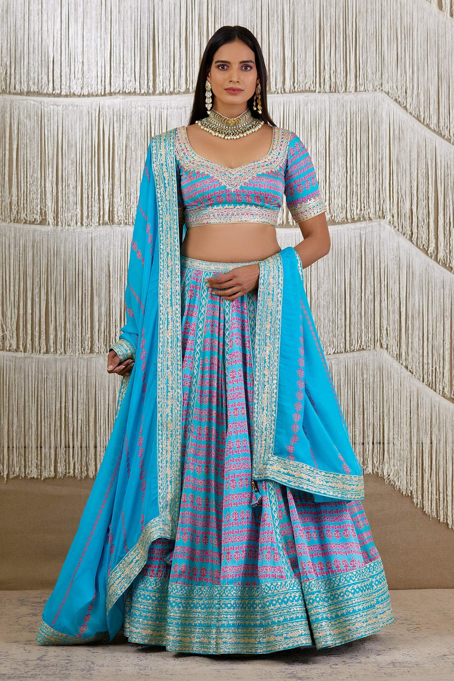 Buy Blue Modal Satin Printed Floral V Neck Lehenga Set For Women By