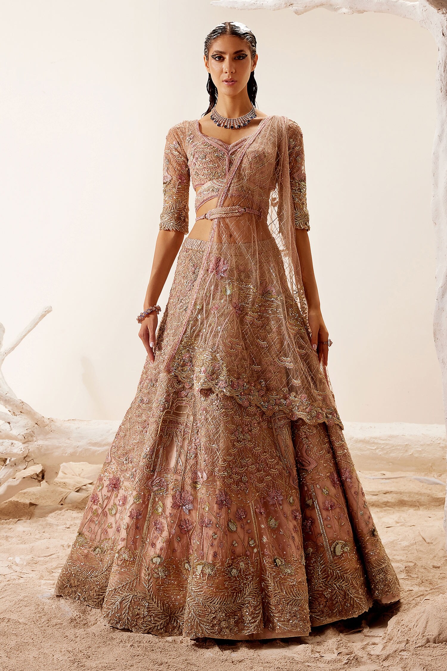 Buy Pink Net Embroidered Floral Motifs V Neck Lotus Lake Lehenga Set