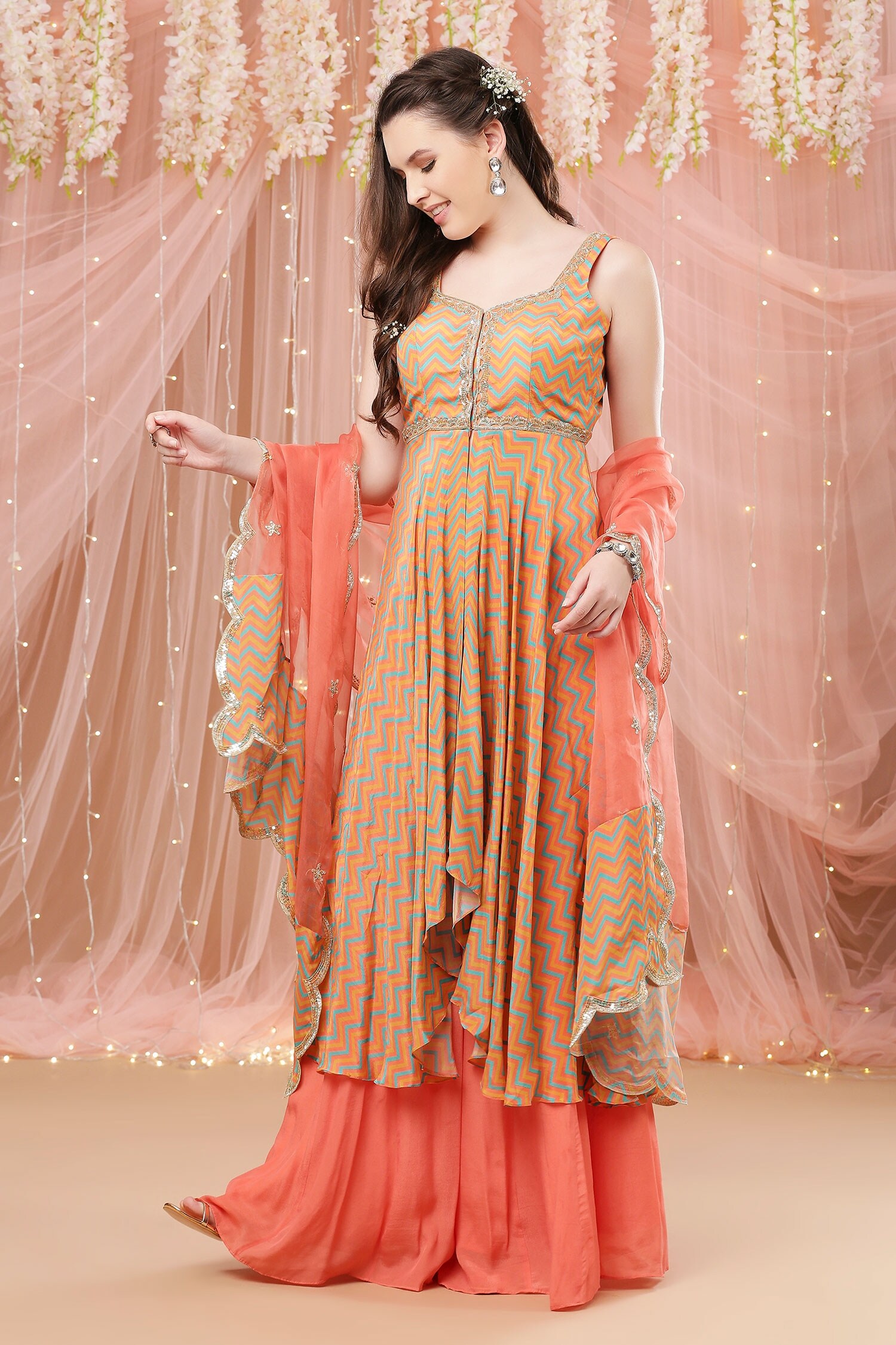 Buy Peach Crepe Silk Embroidered Zardozi Chevron Print Kurta Gharara