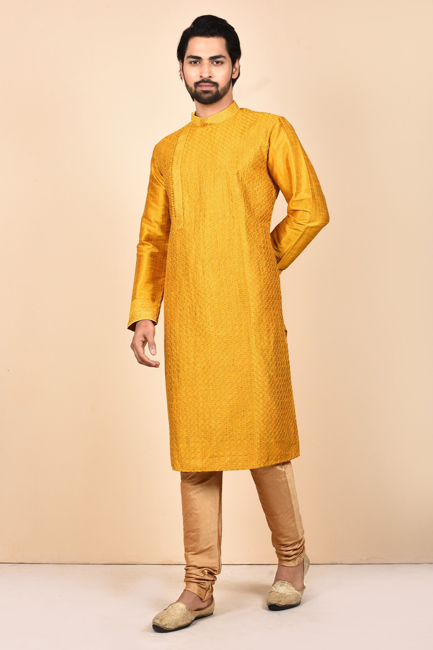 Buy Yellow Dupion Silk Embroidered Geometric Kurta Set For Men By